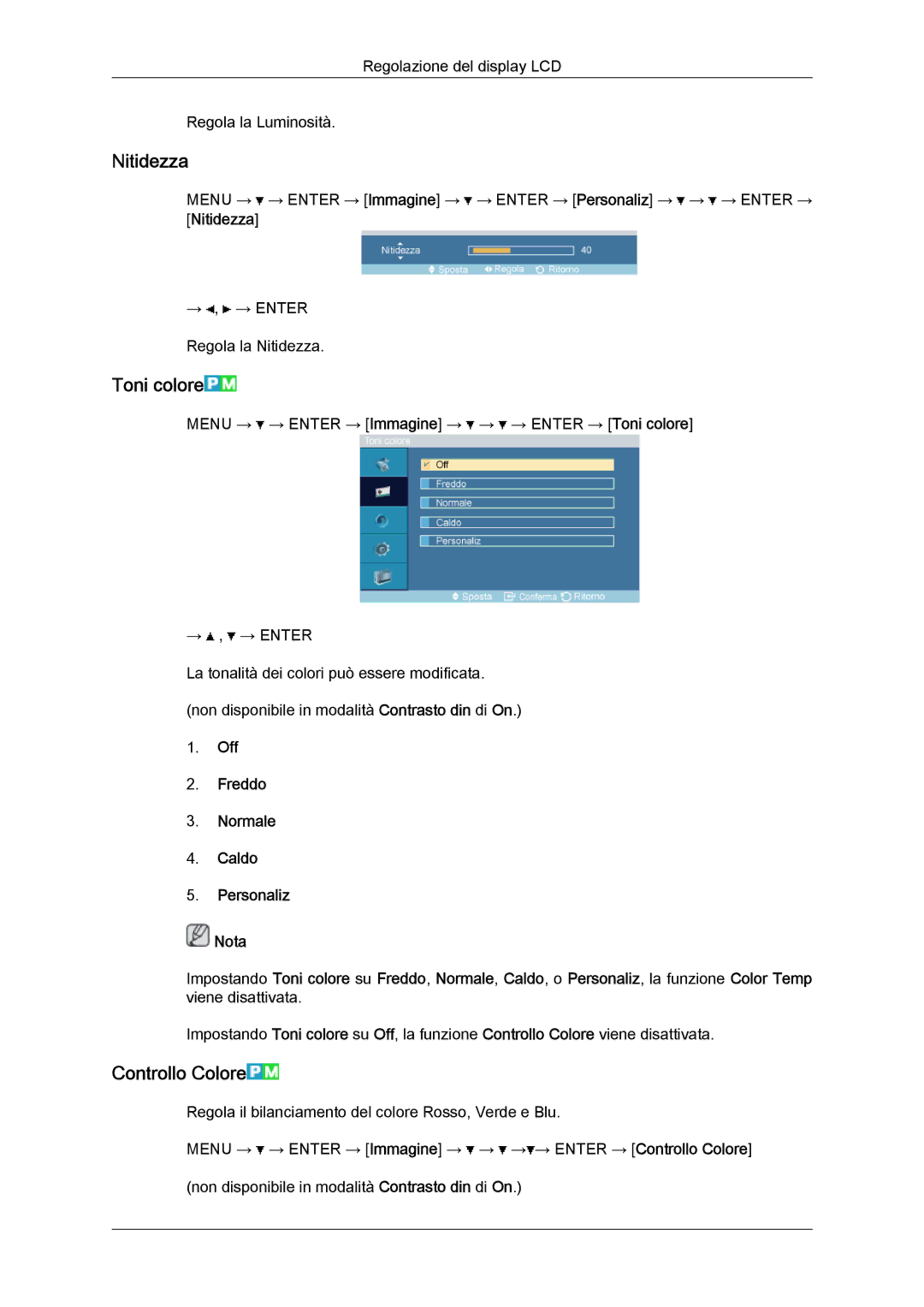 Samsung LH32TCTMBC/EN manual Nitidezza, Toni colore, Controllo Colore 