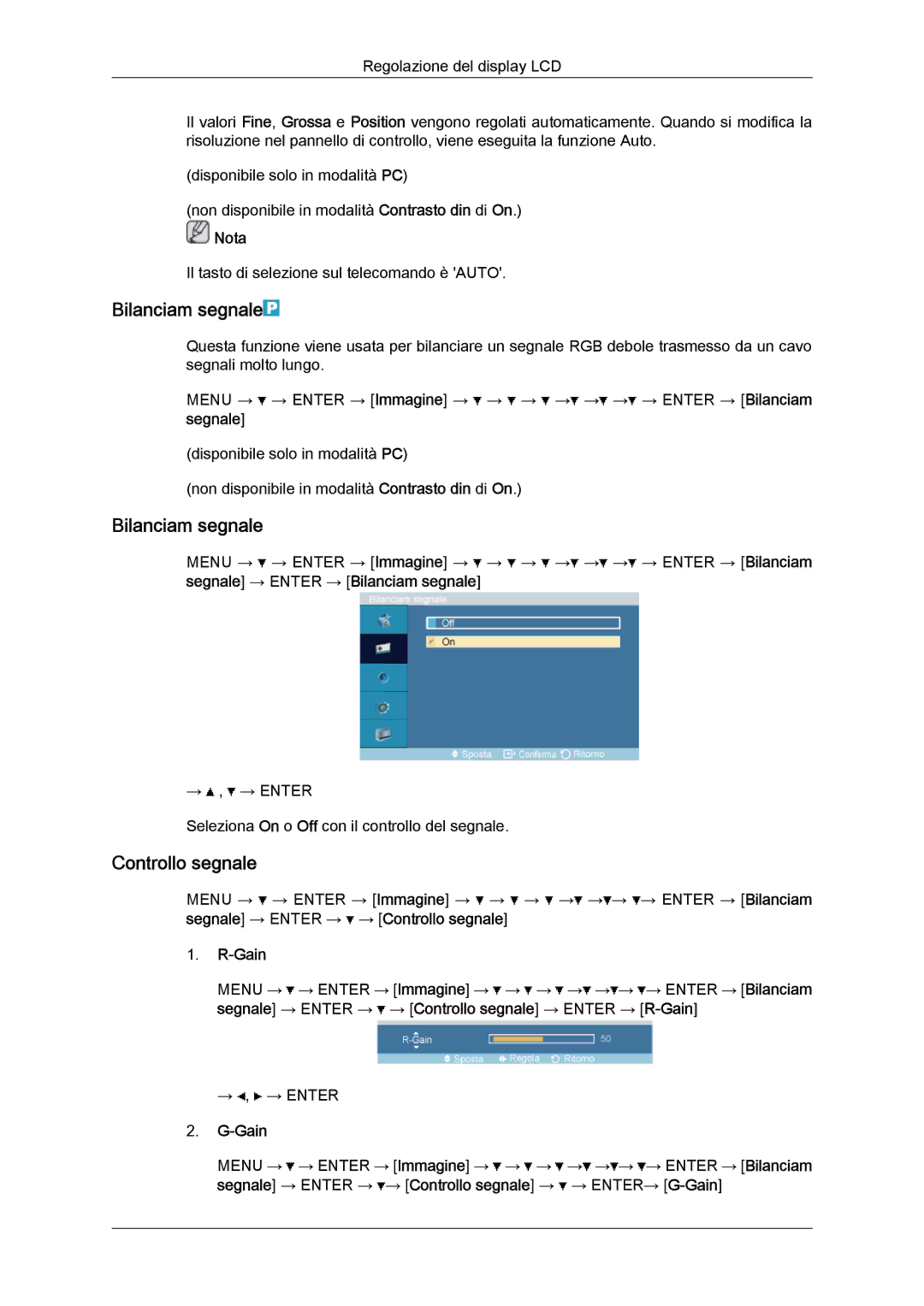 Samsung LH32TCTMBC/EN manual Bilanciam segnale, Controllo segnale, Gain 