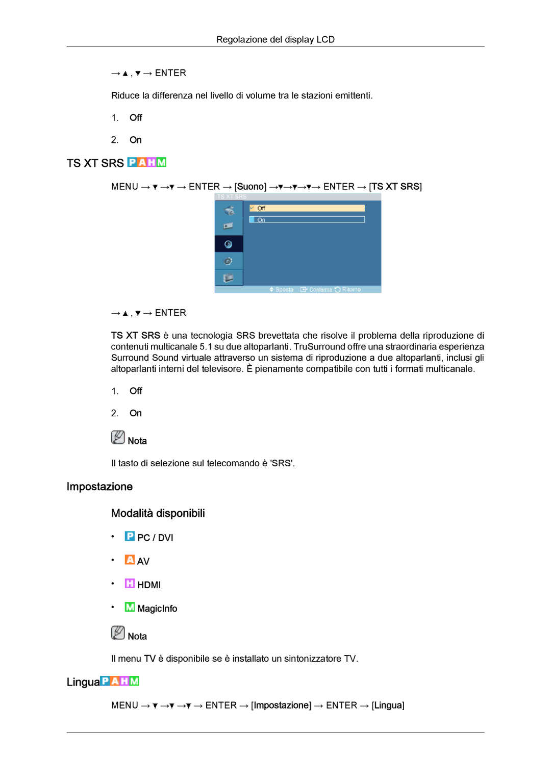 Samsung LH32TCTMBC/EN manual Impostazione Modalità disponibili, Lingua, Off Nota 