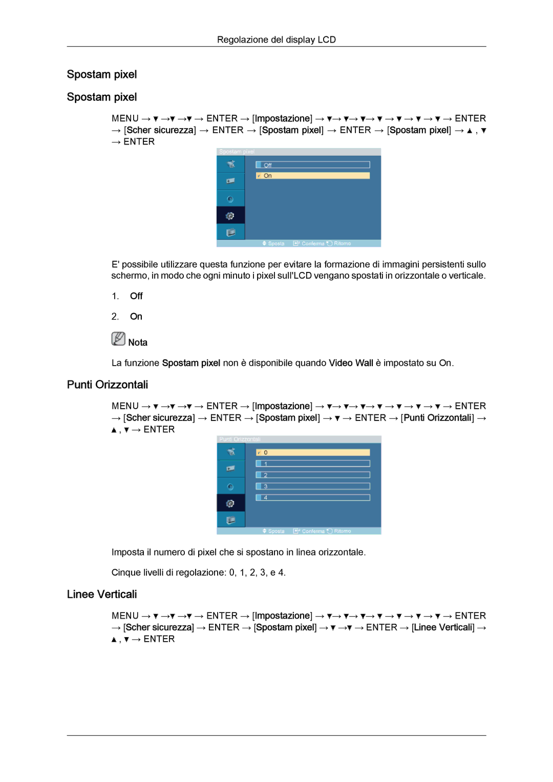 Samsung LH32TCTMBC/EN manual Spostam pixel, Punti Orizzontali, Linee Verticali 