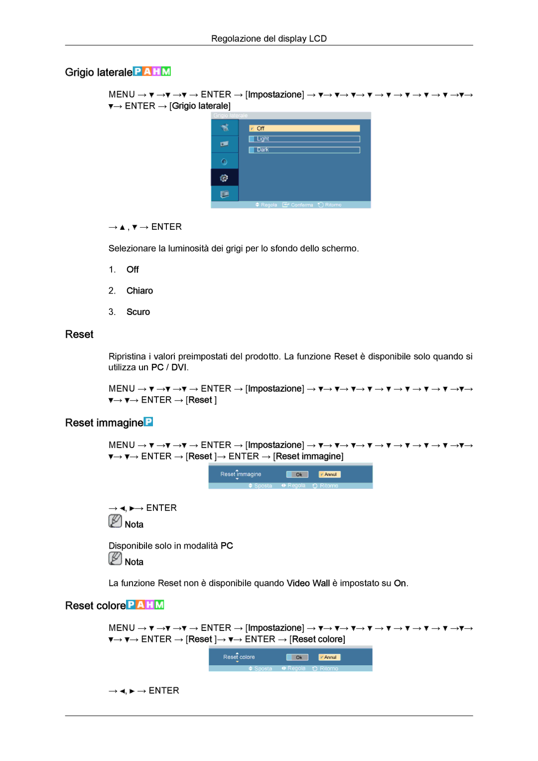 Samsung LH32TCTMBC/EN manual Grigio laterale, Reset immagine, Reset colore, Off Chiaro Scuro 
