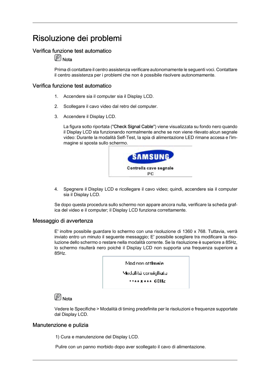 Samsung LH32TCTMBC/EN manual 9HULILFDIXQLRQHWHVWDXWRPDWLFR, 0HVVDJJLRGLDYYHUWHQD, 0DQXWHQLRQHHSXOLLD 