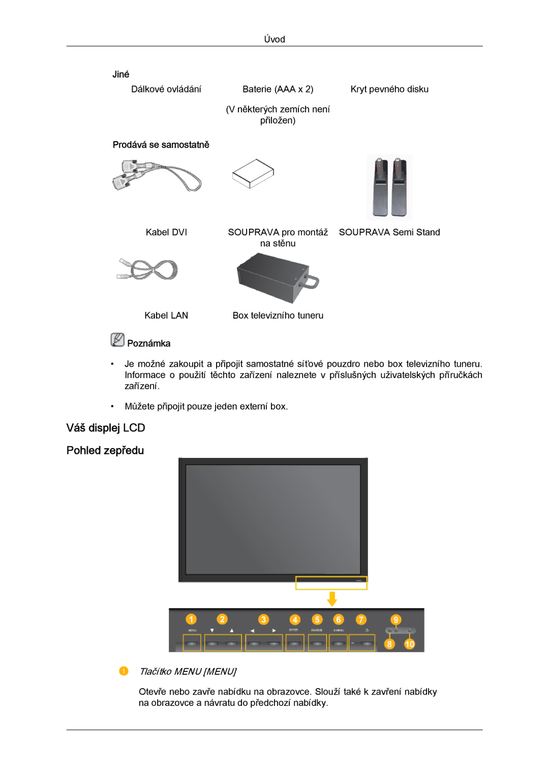 Samsung LH32TCTMBC/EN manual Váš displej LCD Pohled zepředu, Prodává se samostatně 