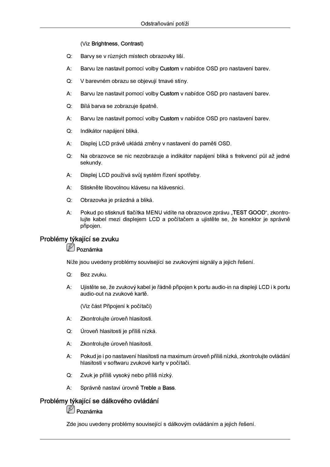 Samsung LH32TCTMBC/EN manual Problémy týkající se zvuku, Problémy týkající se dálkového ovládání, Viz Brightness, Contrast 