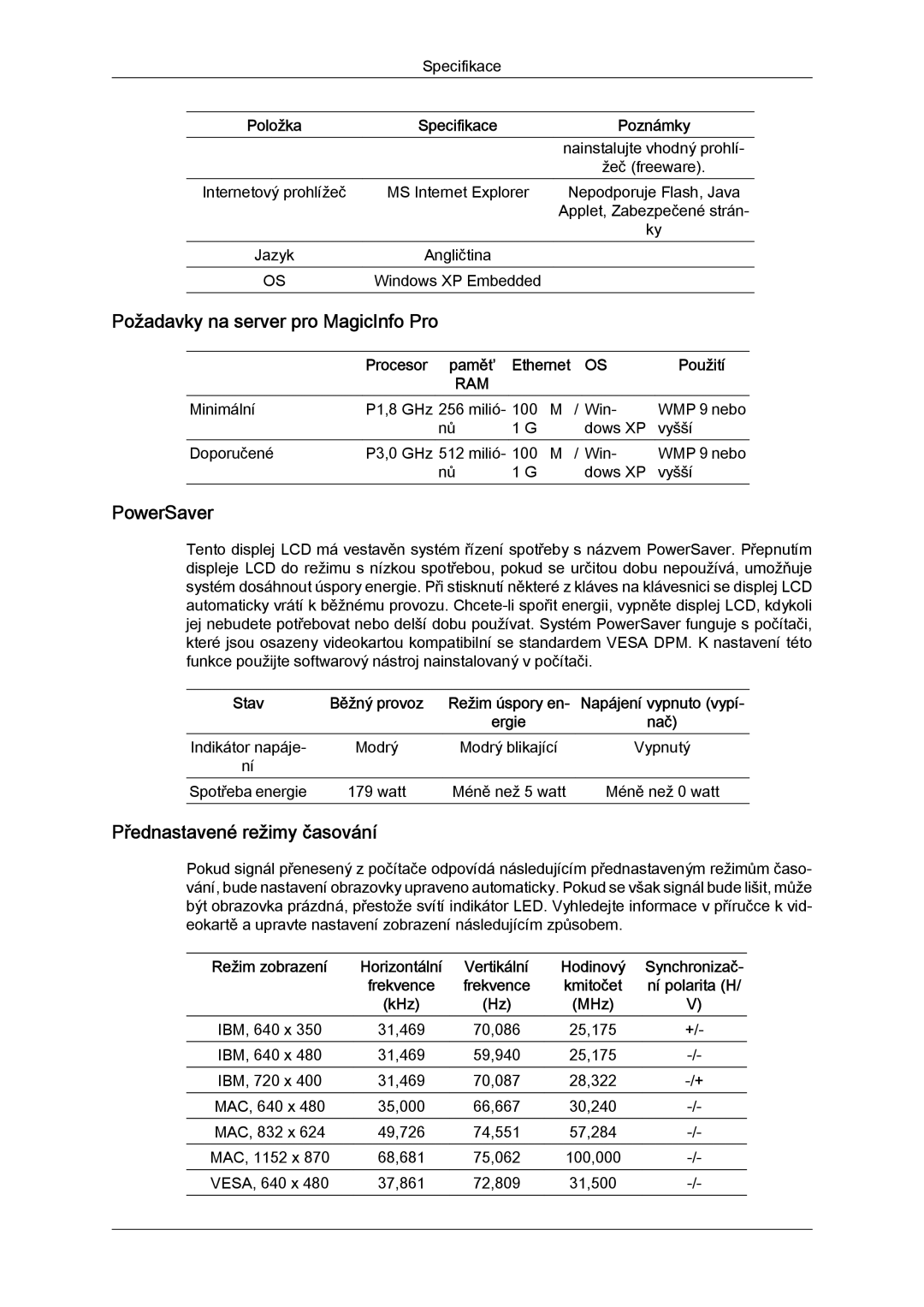 Samsung LH32TCTMBC/EN Požadavky na server pro MagicInfo Pro, PowerSaver, Přednastavené režimy časování, Procesor paměť 