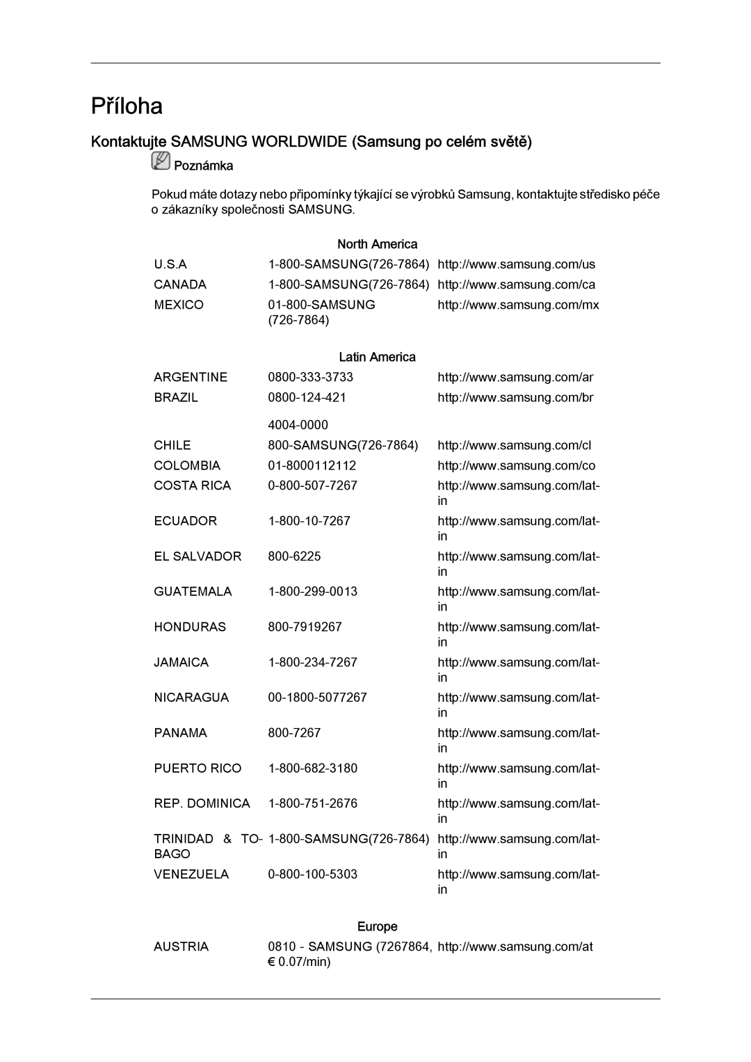 Samsung LH32TCTMBC/EN manual Kontaktujte Samsung Worldwide Samsung po celém světě, North America, Latin America, Europe 