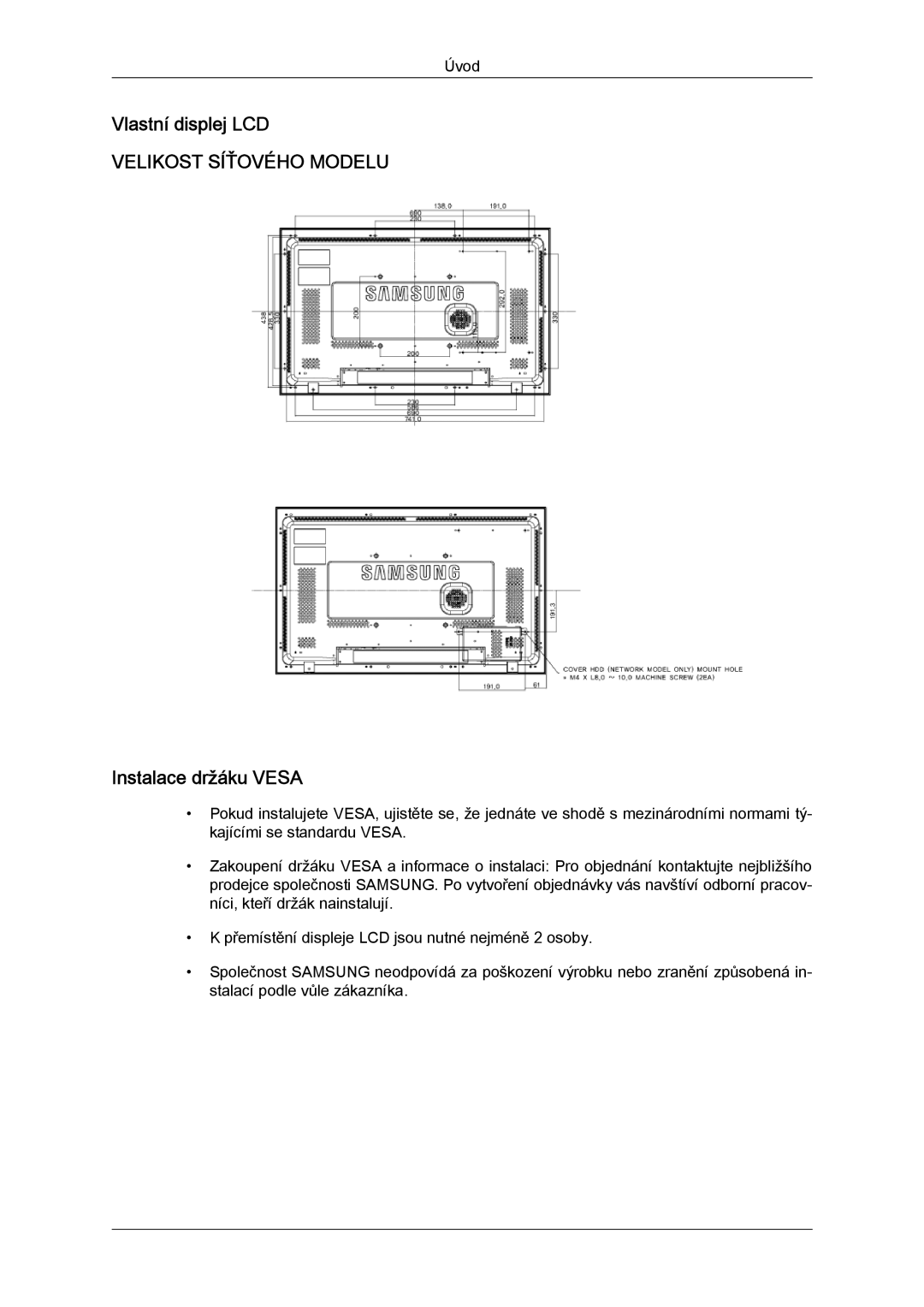 Samsung LH32TCTMBC/EN manual Vlastní displej LCD, Instalace držáku Vesa 