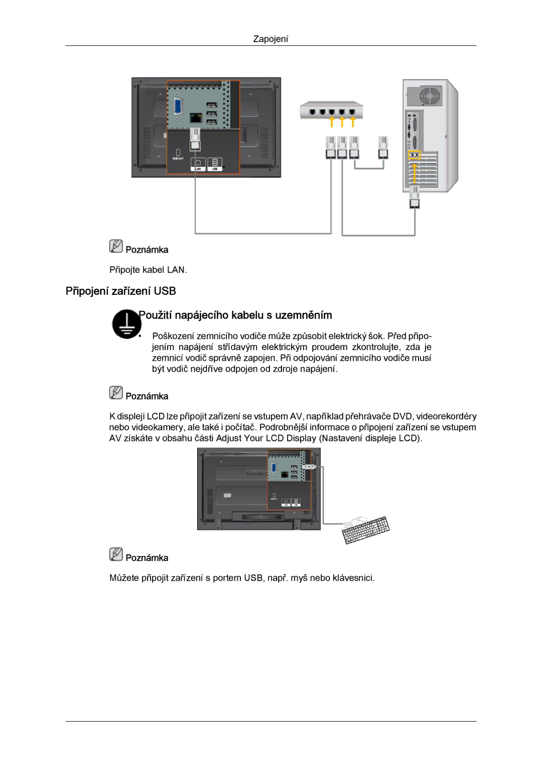 Samsung LH32TCTMBC/EN manual Připojení zařízení USB Použití napájecího kabelu s uzemněním 