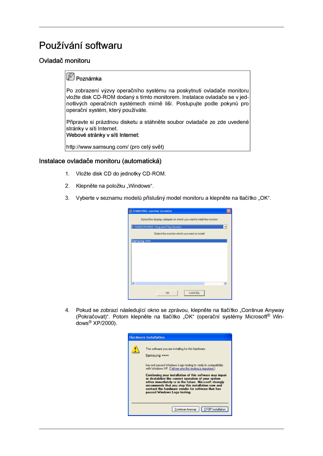 Samsung LH32TCTMBC/EN manual Ovladač monitoru, Instalace ovladače monitoru automatická, Webové stránky v síti Internet 