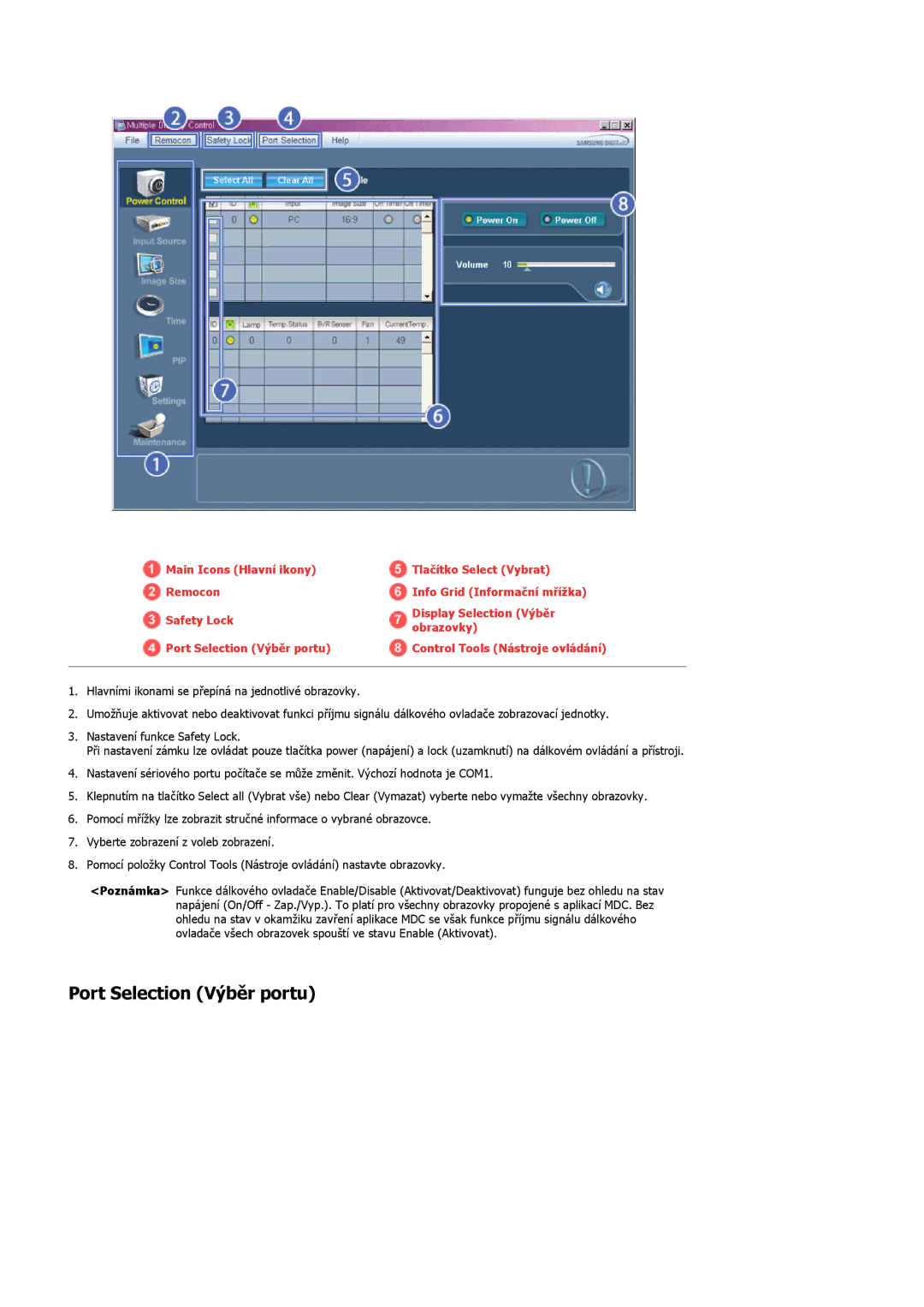 Samsung LH32TCTMBC/EN manual Port Selection Výběr portu 