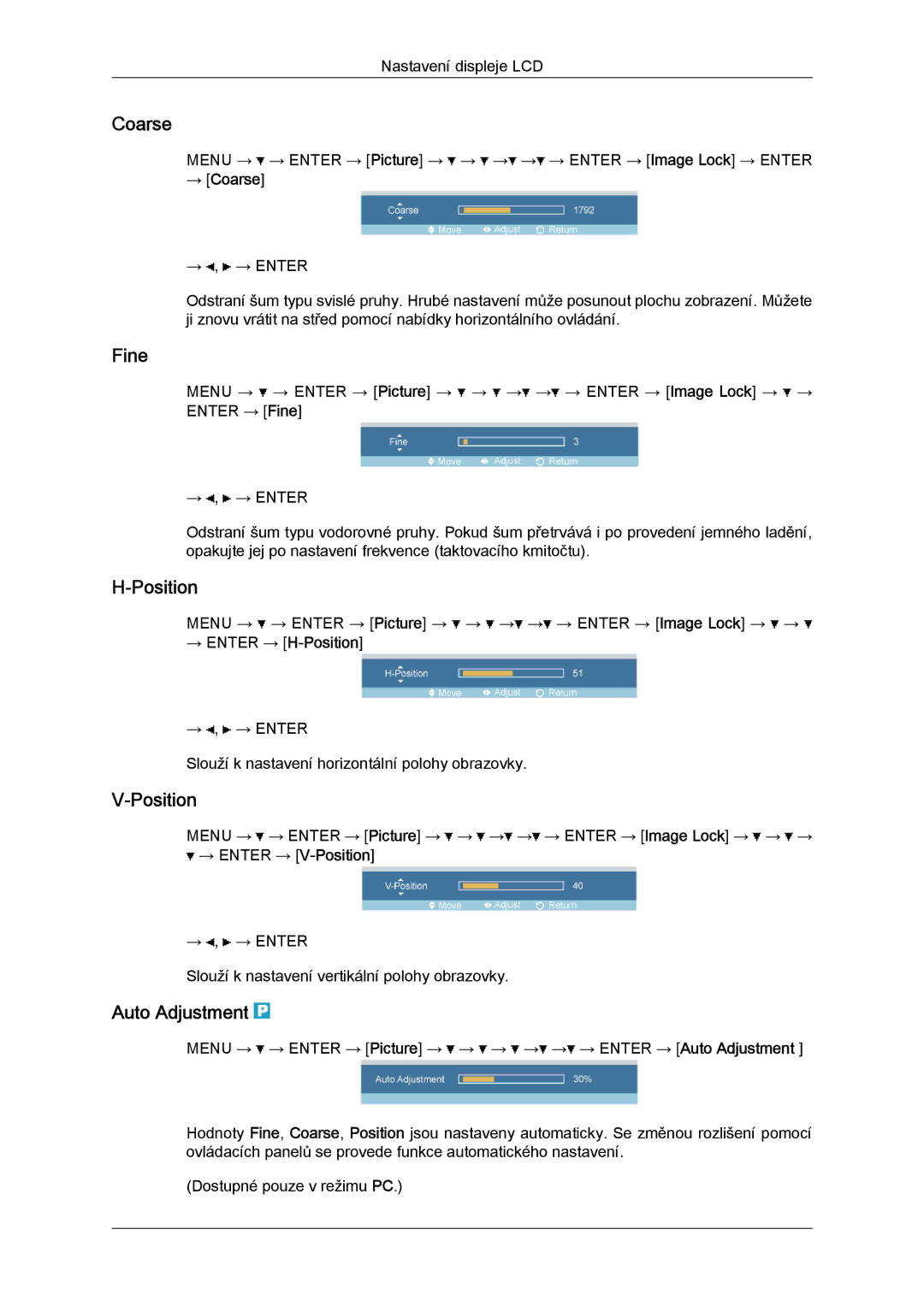 Samsung LH32TCTMBC/EN manual Coarse, Fine, Position, Auto Adjustment 