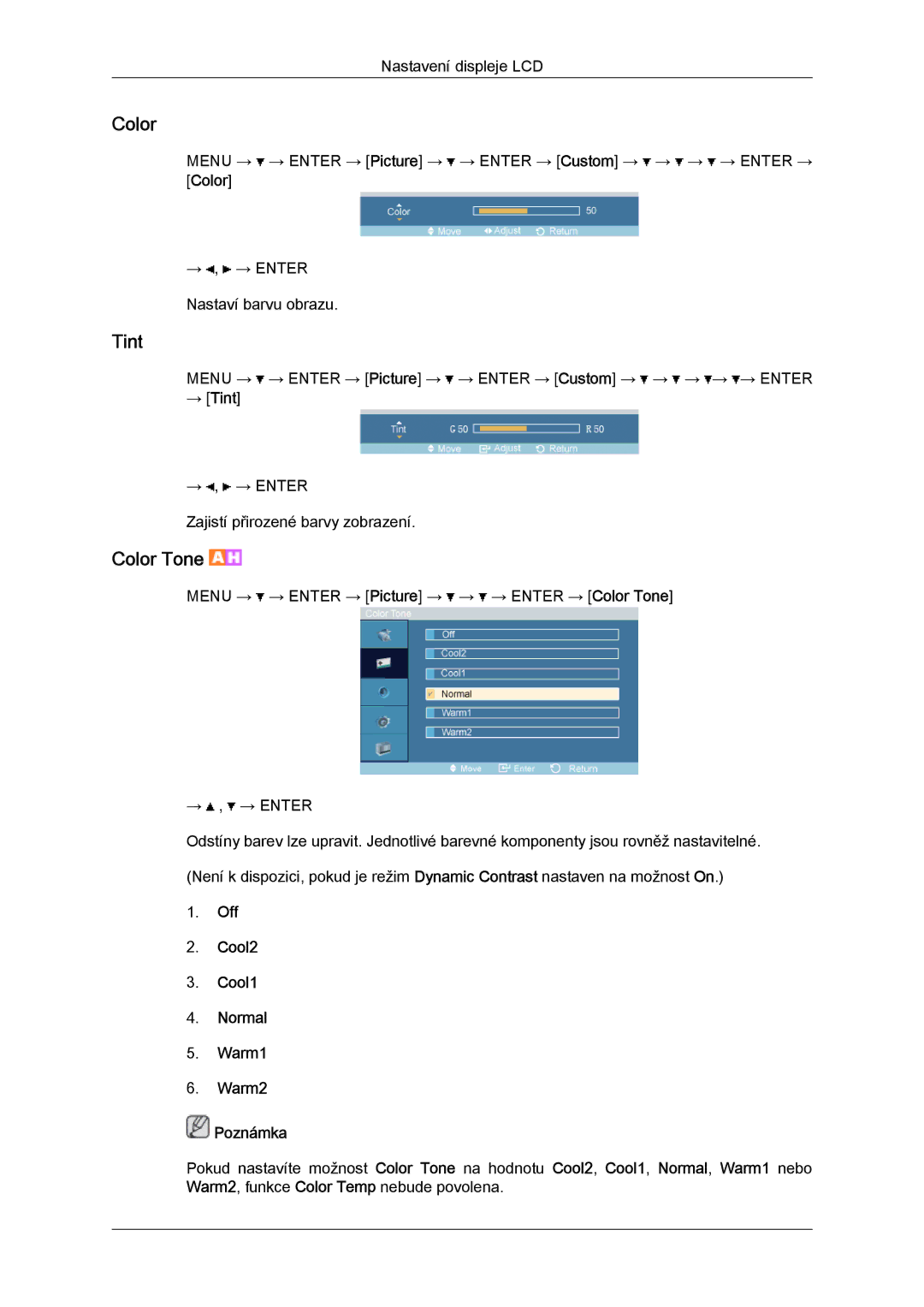 Samsung LH32TCTMBC/EN manual Color, → Tint, Off Cool2 Cool1 Normal Warm1 Warm2 Poznámka 