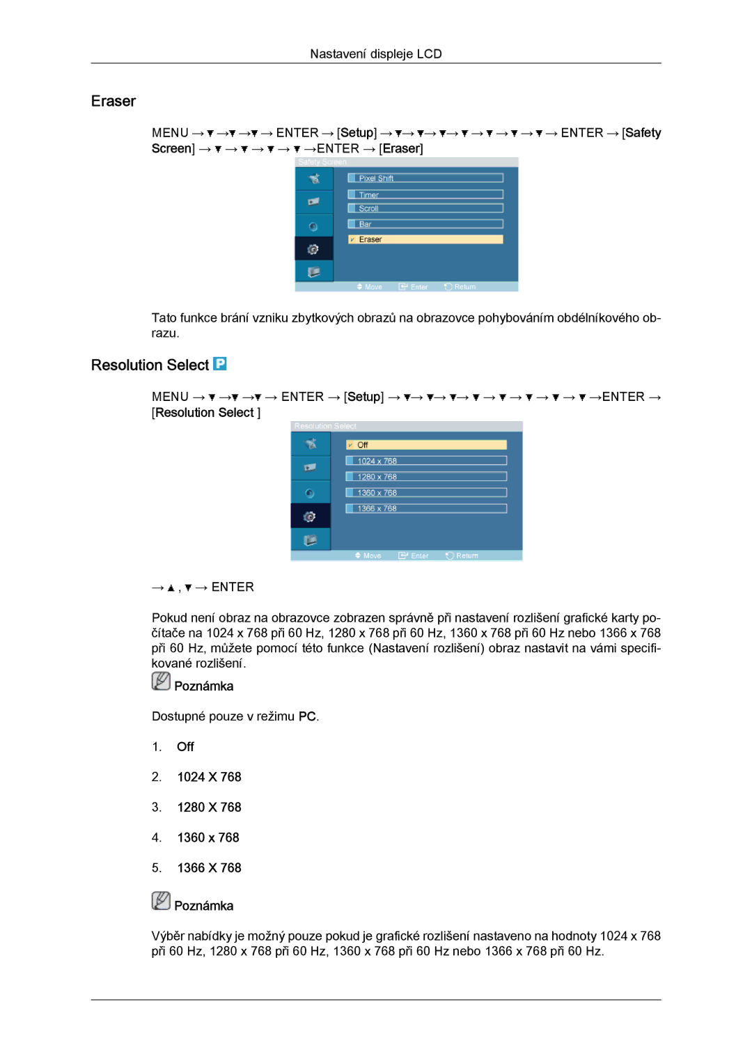Samsung LH32TCTMBC/EN manual Eraser, Resolution Select, Off 1024 X 1280 X 1360 x 1366 X Poznámka 