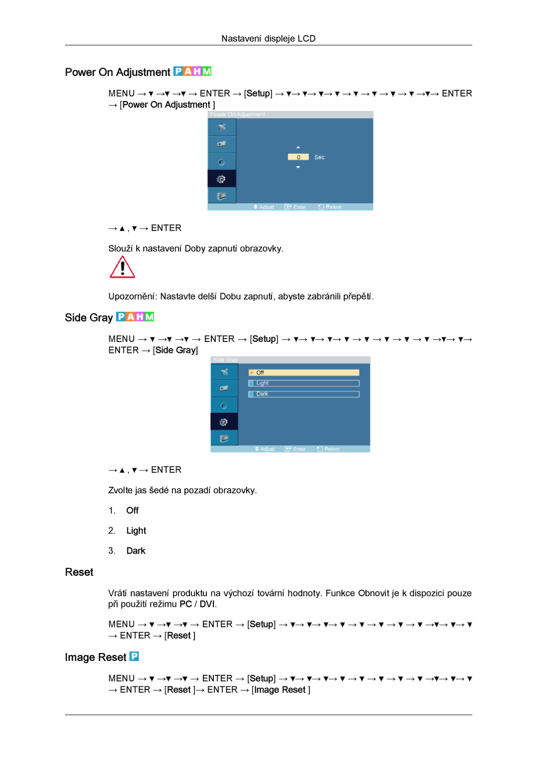 Samsung LH32TCTMBC/EN manual Power On Adjustment, Side Gray, Image Reset 