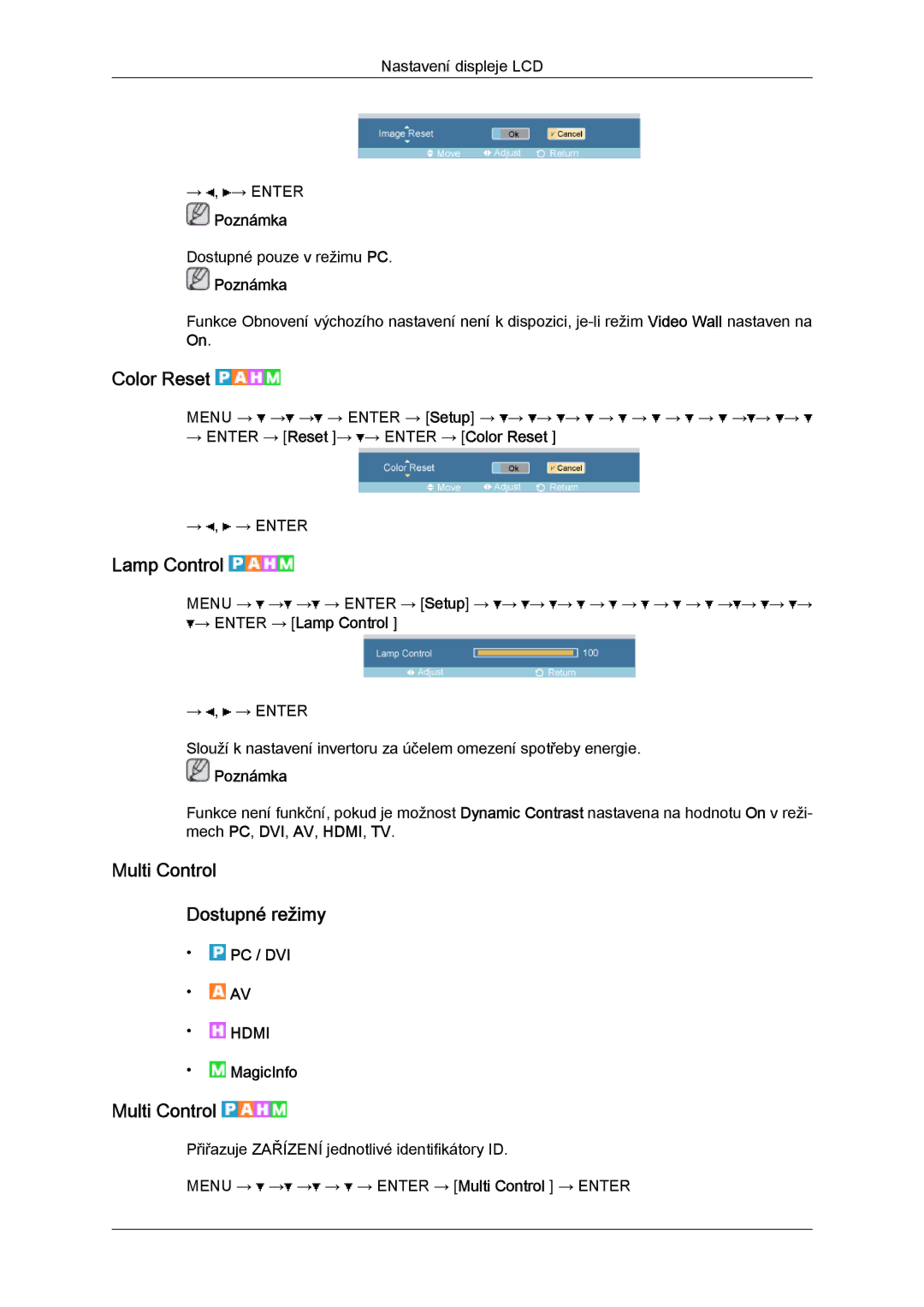 Samsung LH32TCTMBC/EN manual Color Reset, Lamp Control, Multi Control Dostupné režimy 