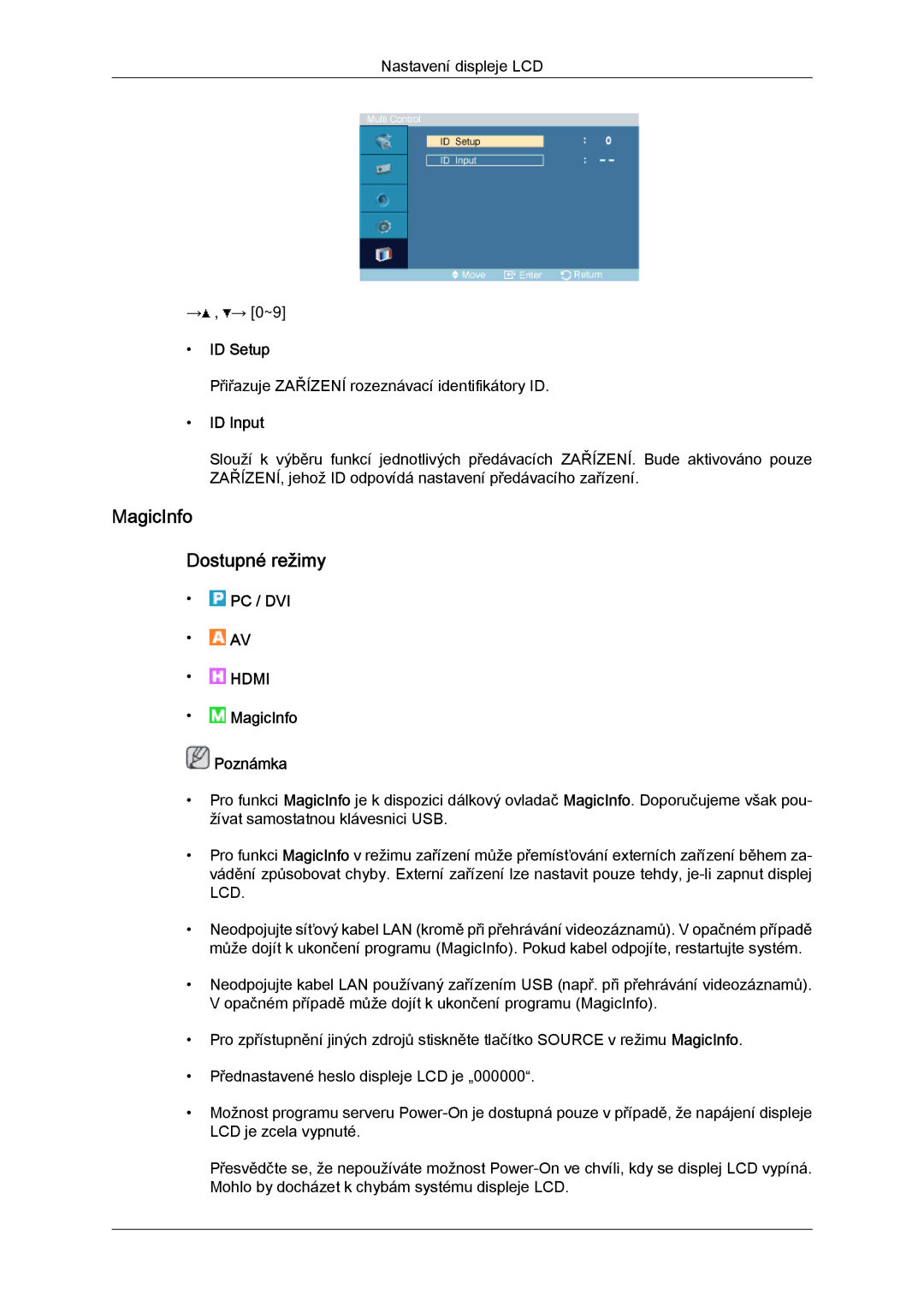 Samsung LH32TCTMBC/EN manual MagicInfo Dostupné režimy, ID Setup, ID Input 