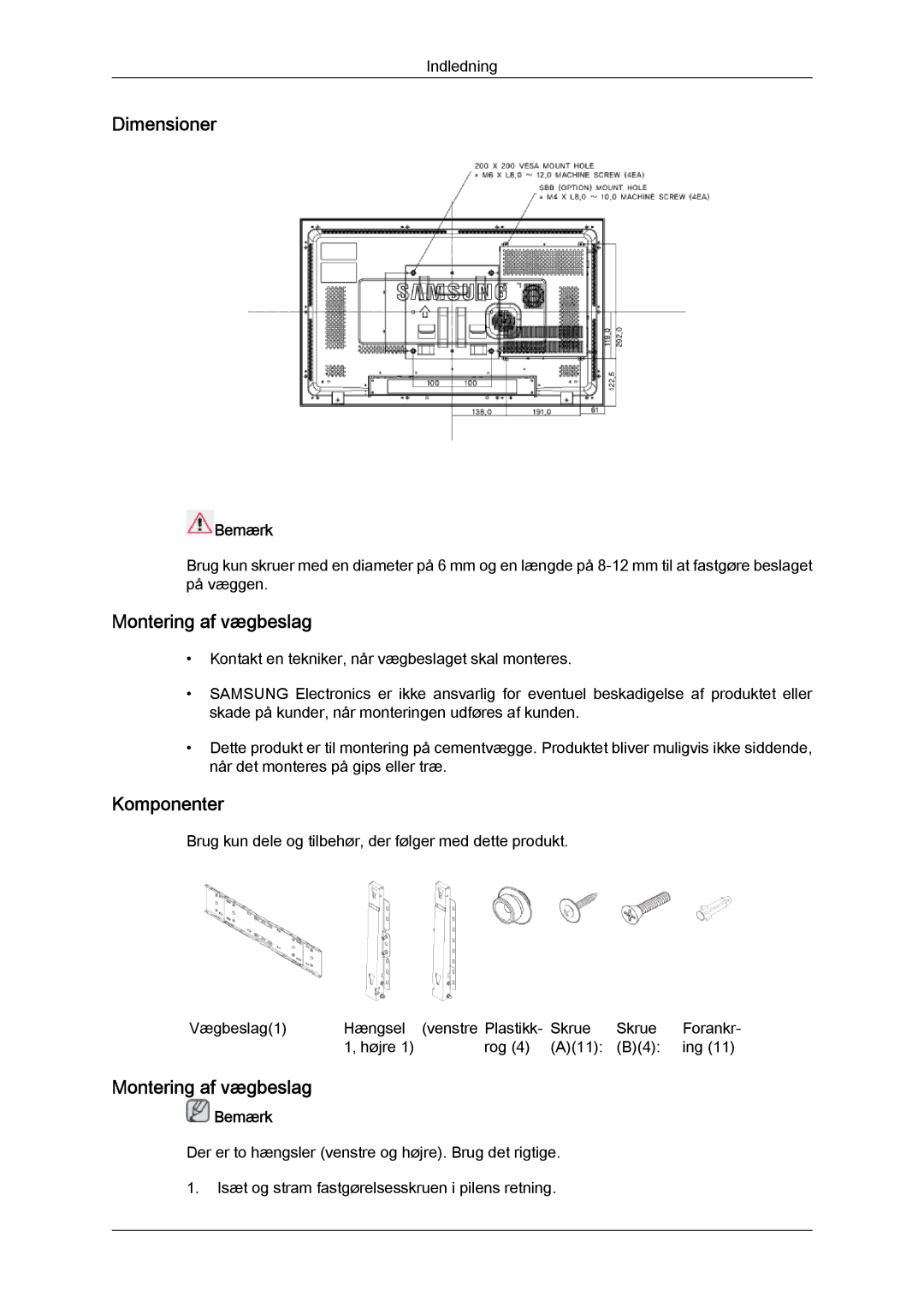 Samsung LH32TCTMBC/EN manual Dimensioner, Montering af vægbeslag, Komponenter 