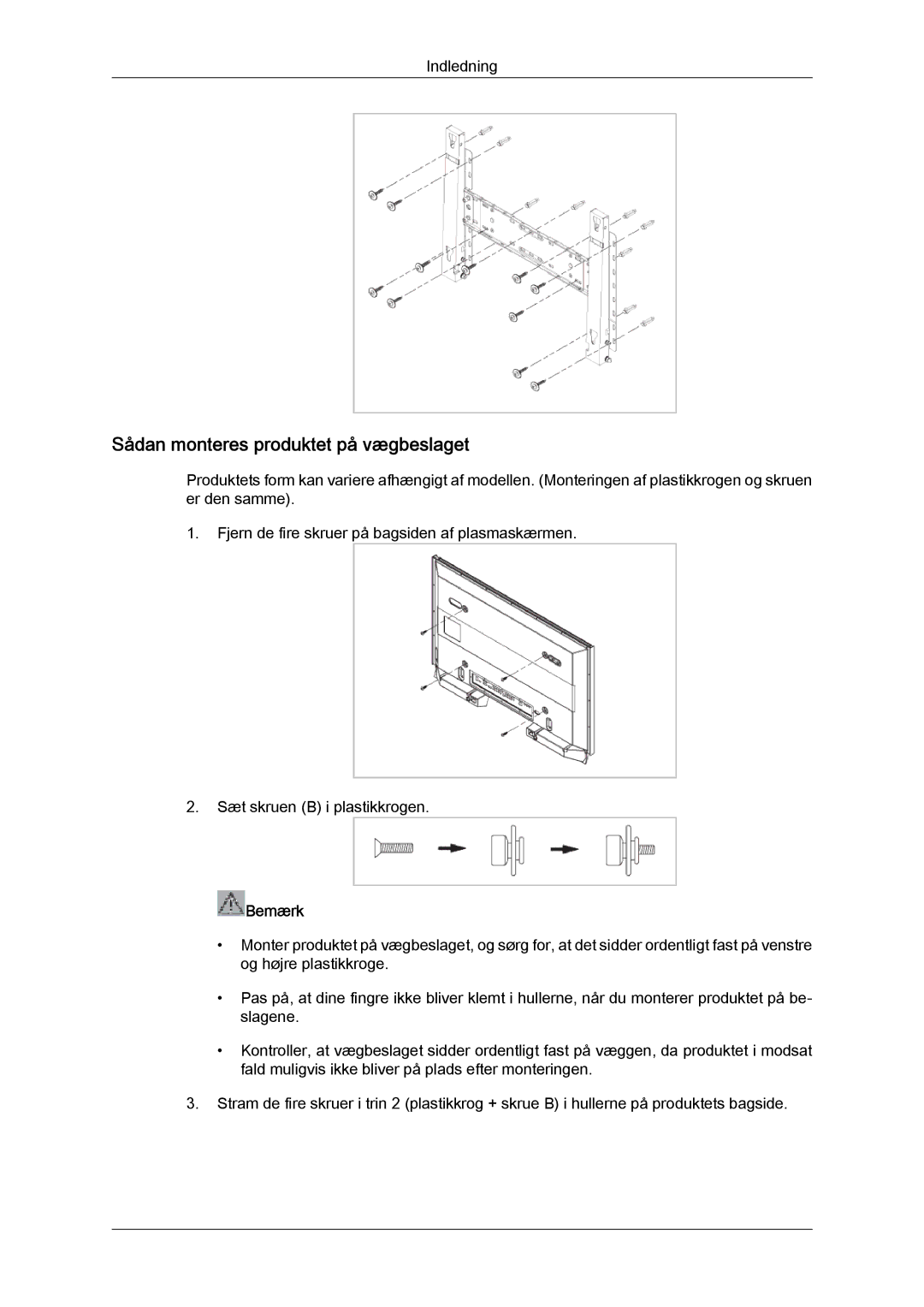 Samsung LH32TCTMBC/EN manual Sådan monteres produktet på vægbeslaget 