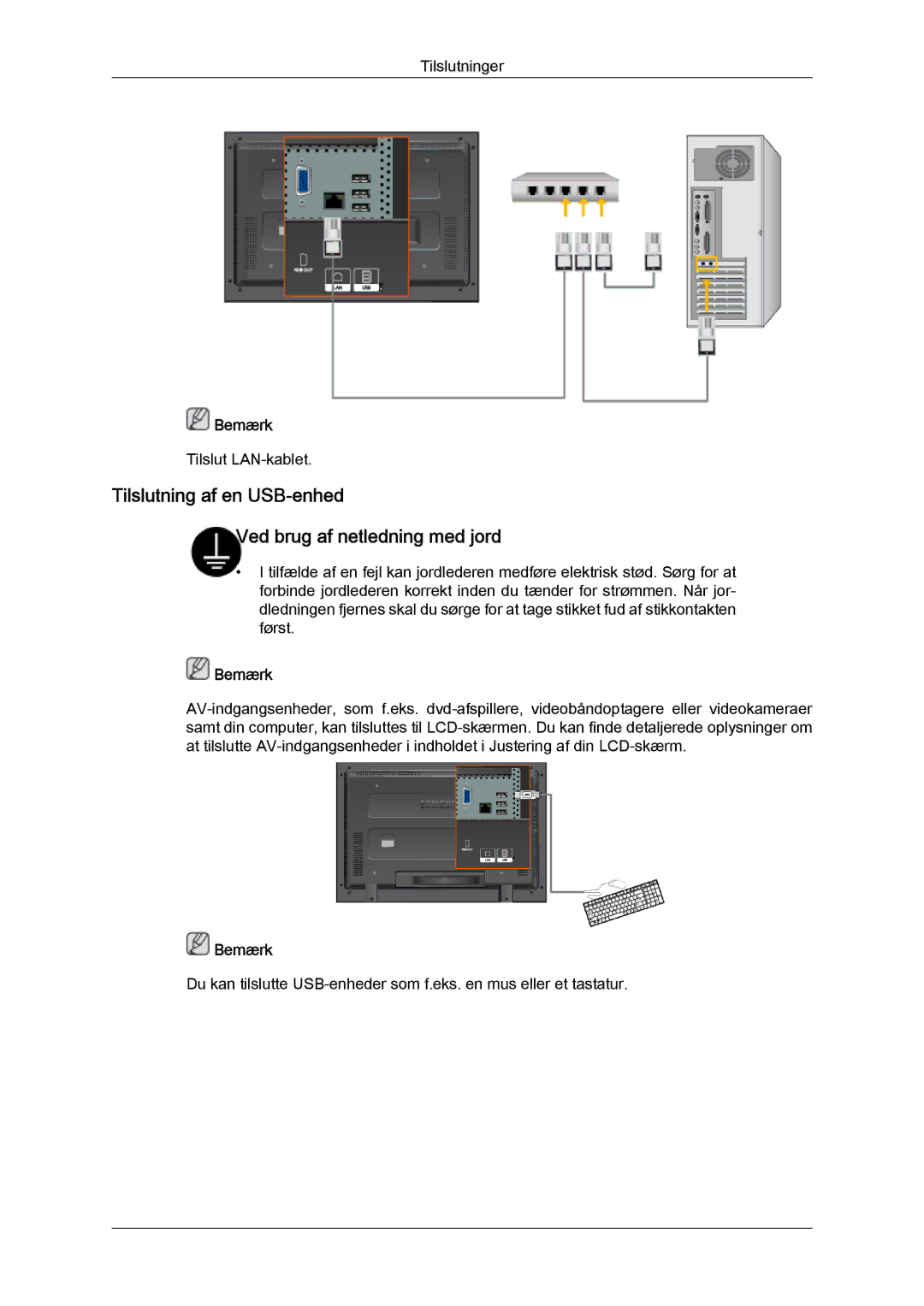 Samsung LH32TCTMBC/EN manual Tilslutning af en USB-enhed Ved brug af netledning med jord 