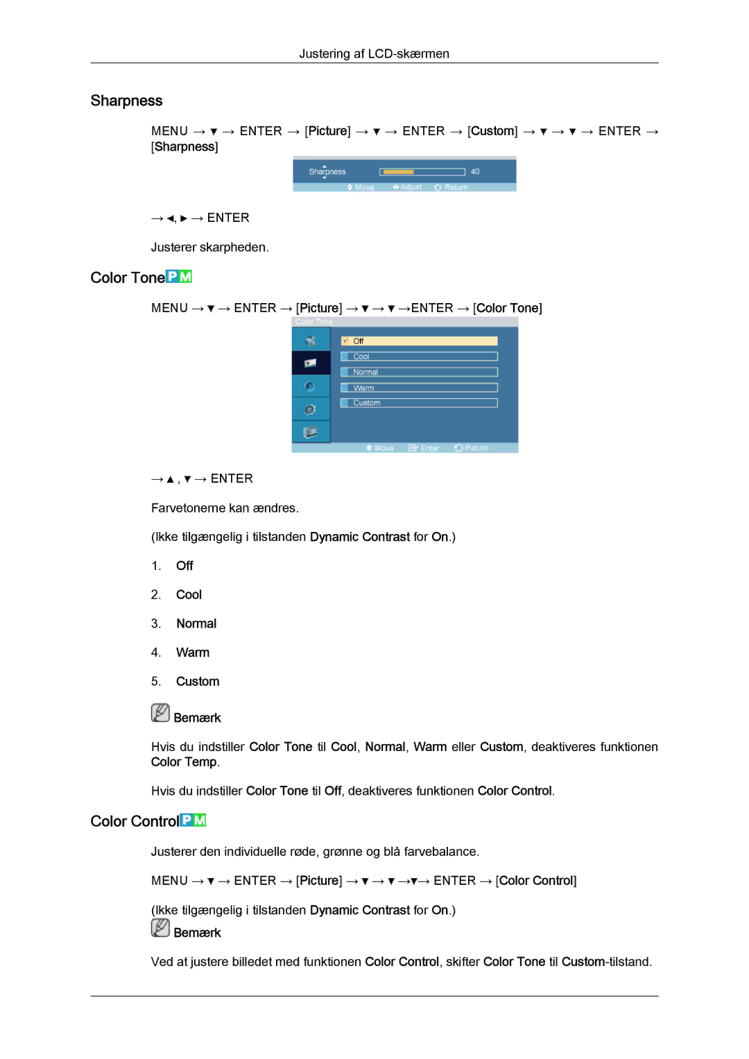 Samsung LH32TCTMBC/EN manual Sharpness, Color Tone, Color Control, Off Cool Normal Warm Custom Bemærk 
