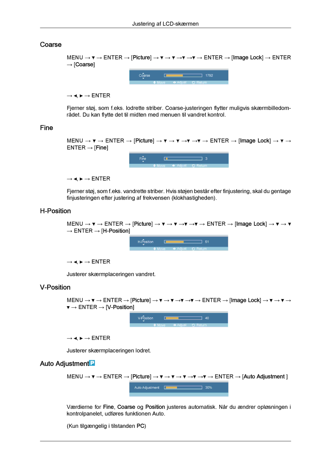 Samsung LH32TCTMBC/EN manual Coarse, Fine, Position, Auto Adjustment 