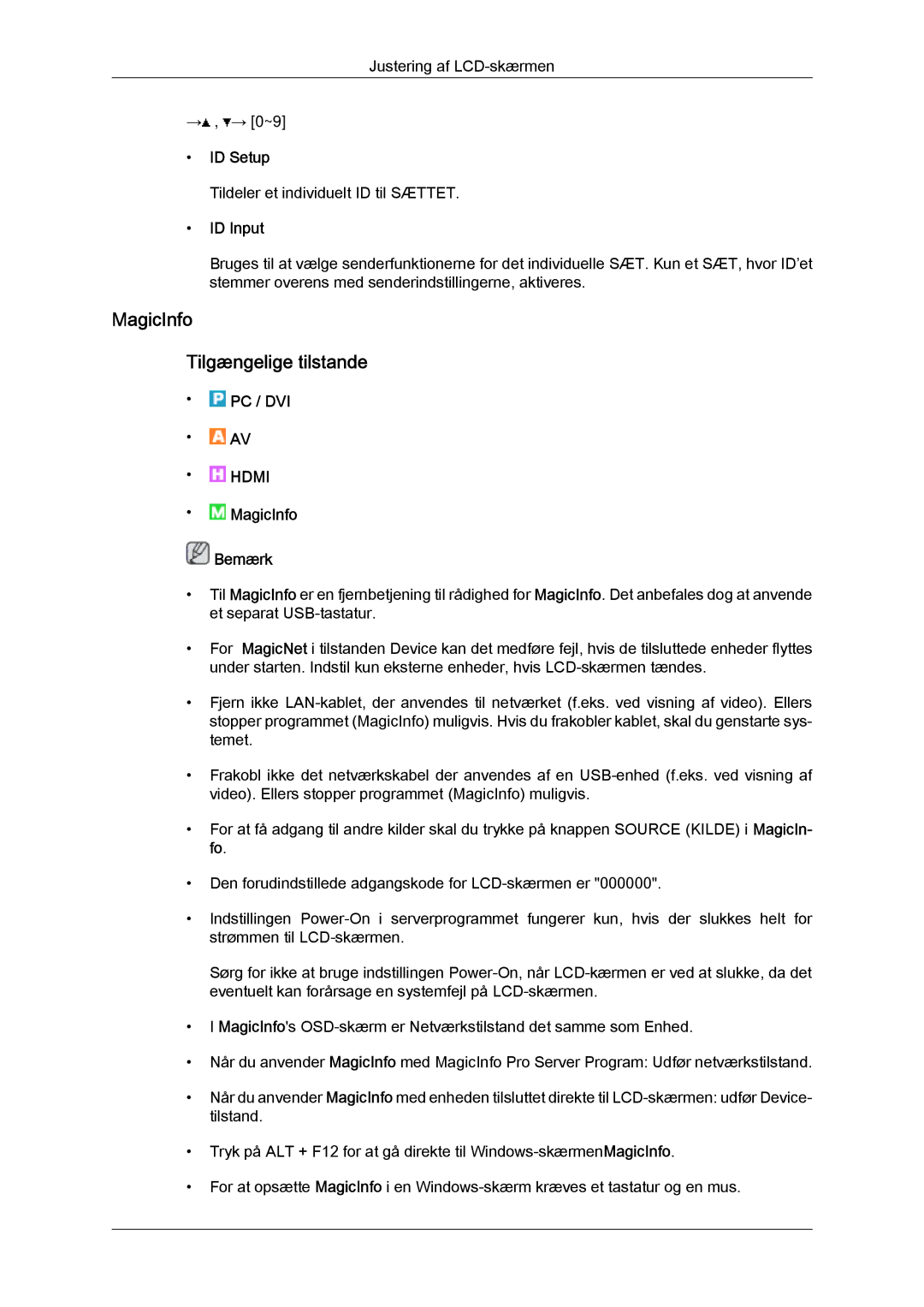 Samsung LH32TCTMBC/EN manual MagicInfo Tilgængelige tilstande, ID Setup, ID Input 