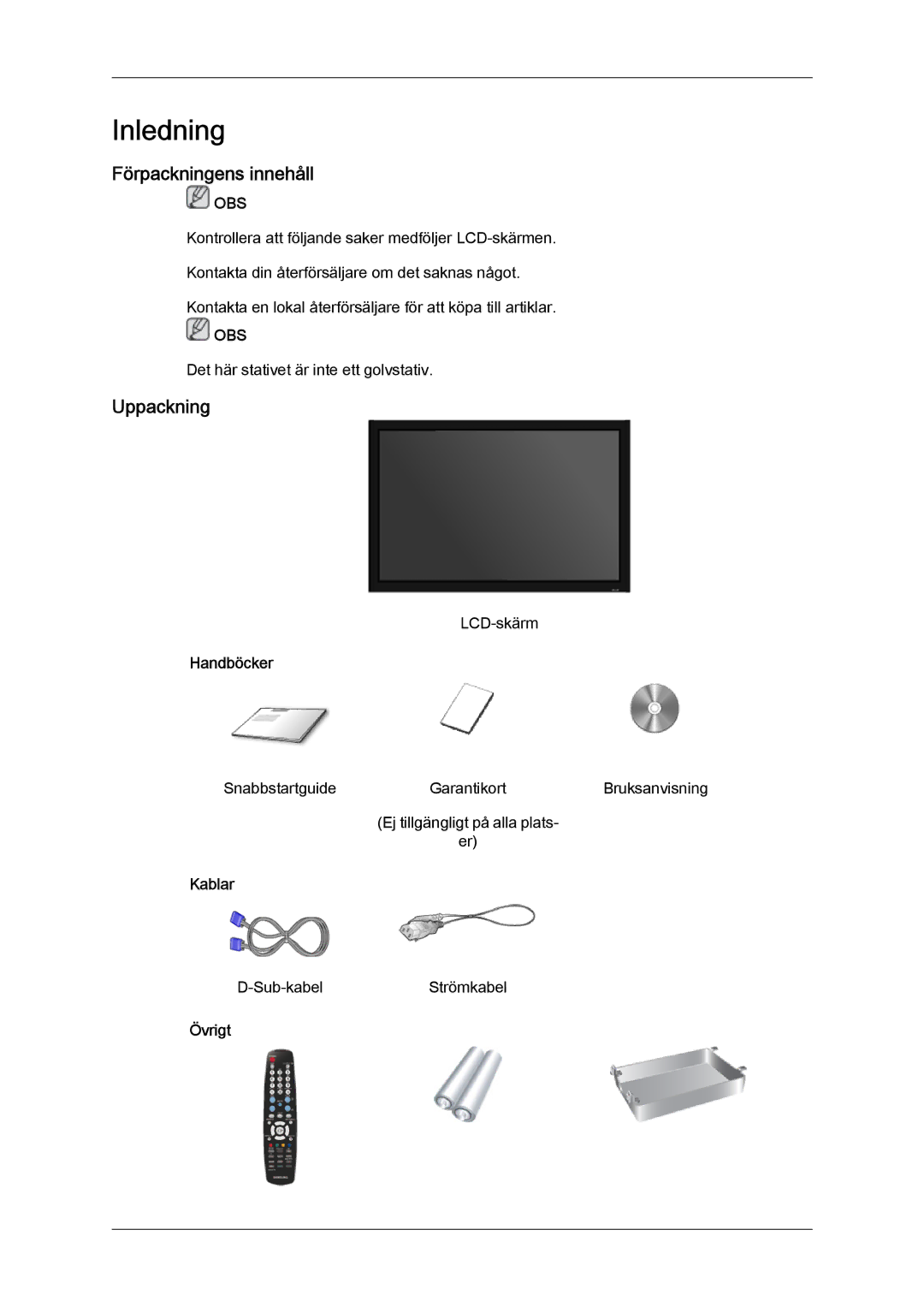 Samsung LH32TCTMBC/EN manual Förpackningens innehåll, Uppackning, Handböcker, Kablar, Övrigt 