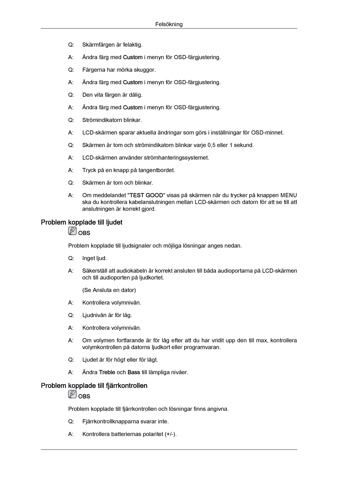 Samsung LH32TCTMBC/EN manual Problem kopplade till ljudet, Problem kopplade till fjärrkontrollen 