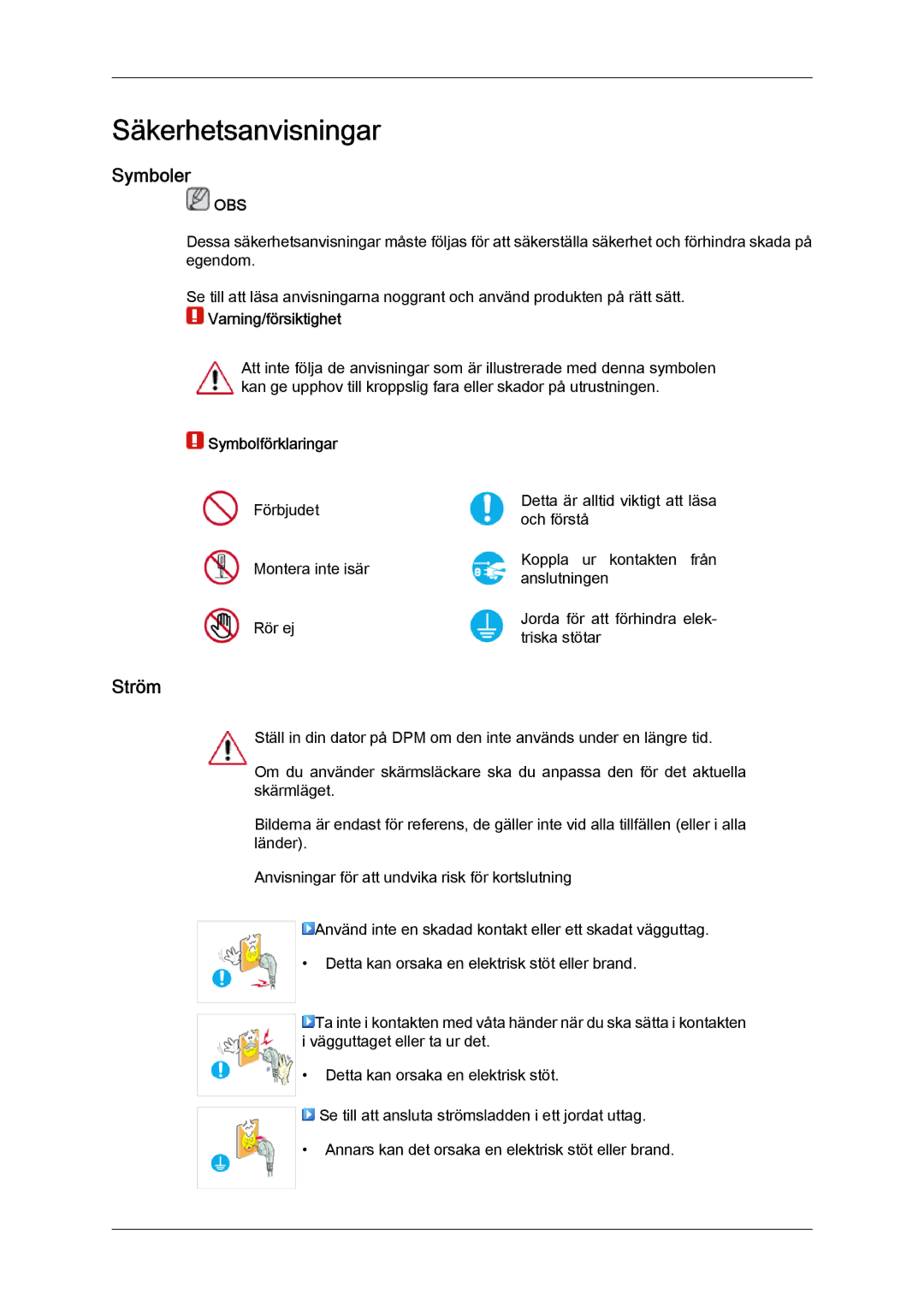 Samsung LH32TCTMBC/EN manual Symboler, Ström, Varning/försiktighet, Symbolförklaringar 