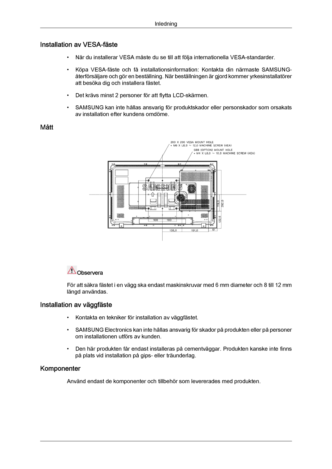 Samsung LH32TCTMBC/EN manual Installation av VESA-fäste, Mått, Installation av väggfäste, Komponenter, Observera 