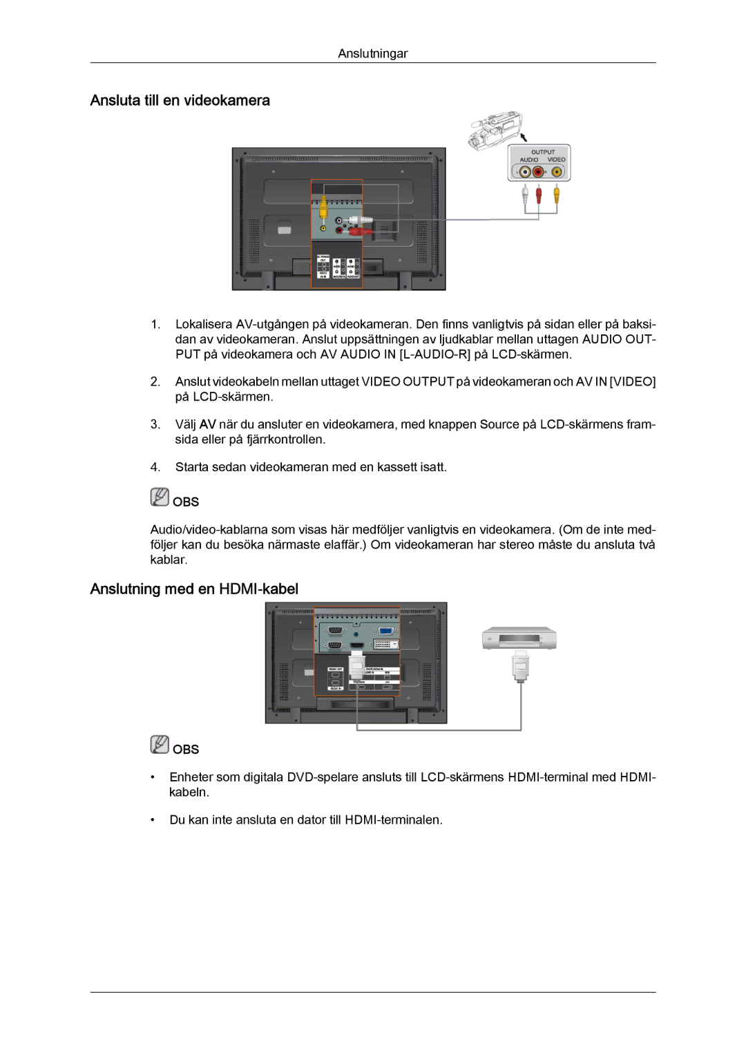 Samsung LH32TCTMBC/EN manual Ansluta till en videokamera, Anslutning med en HDMI-kabel 