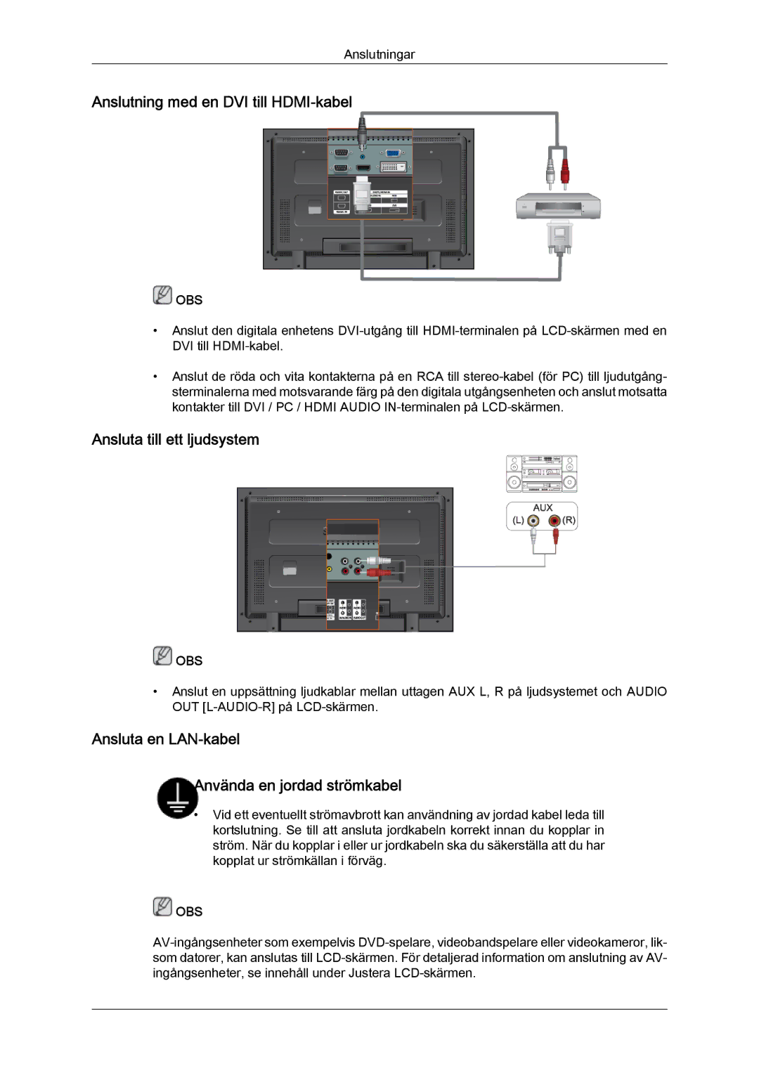 Samsung LH32TCTMBC/EN manual Anslutning med en DVI till HDMI-kabel, Ansluta till ett ljudsystem 