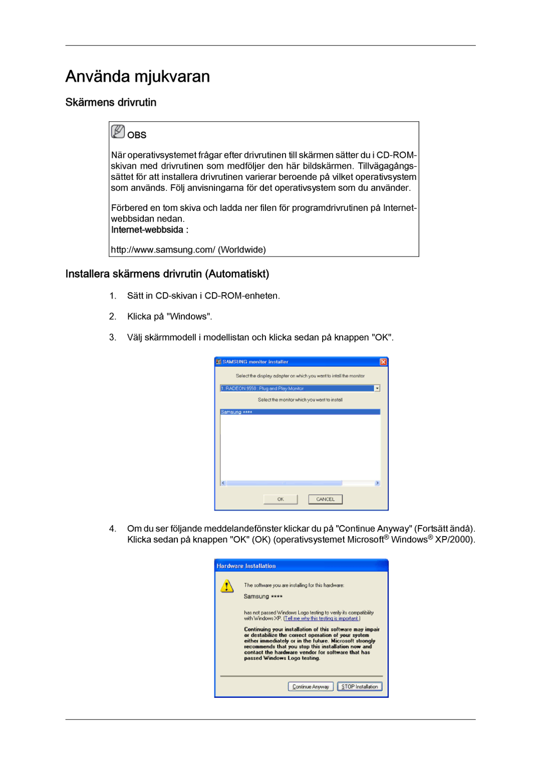 Samsung LH32TCTMBC/EN manual Skärmens drivrutin, Installera skärmens drivrutin Automatiskt, Internet-webbsida 