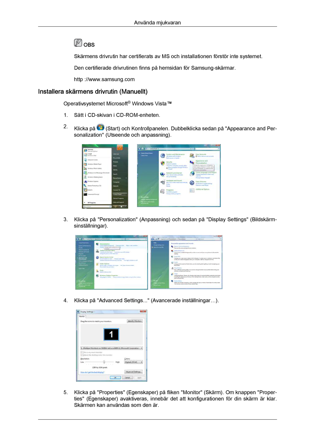 Samsung LH32TCTMBC/EN manual Installera skärmens drivrutin Manuellt 