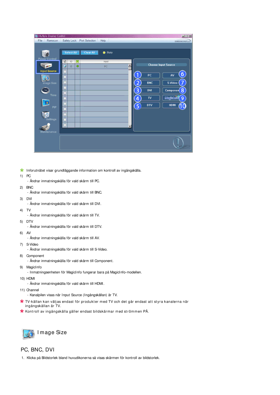 Samsung LH32TCTMBC/EN manual Image Size, Pc, Bnc, Dvi 