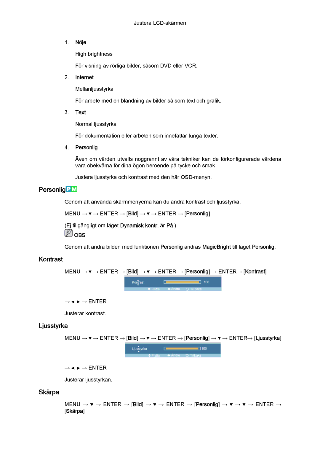 Samsung LH32TCTMBC/EN manual Personlig, Kontrast, Ljusstyrka, Skärpa 