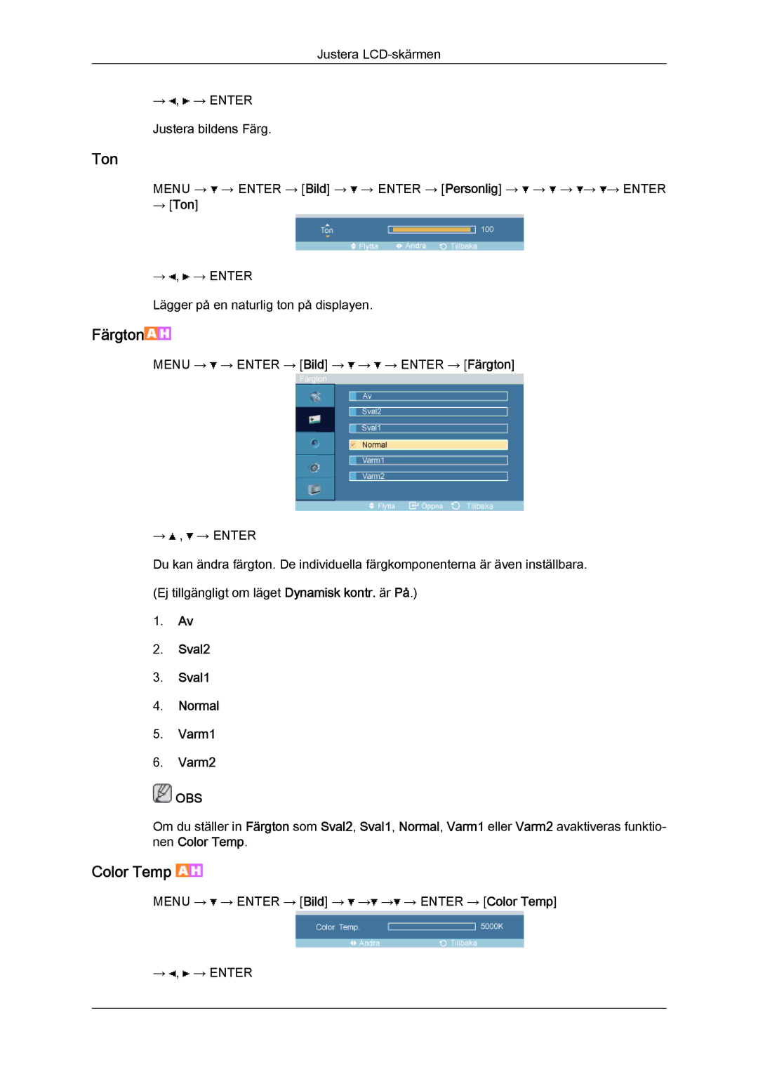 Samsung LH32TCTMBC/EN manual → Ton, Sval2 Sval1 Normal Varm1 Varm2 