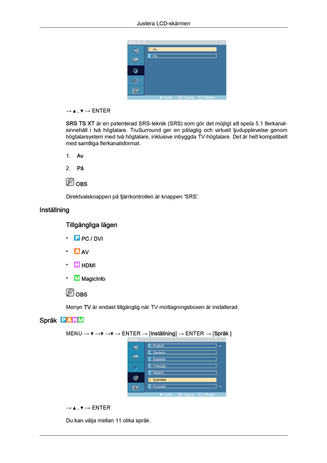 Samsung LH32TCTMBC/EN manual Inställning Tillgängliga lägen, Språk 