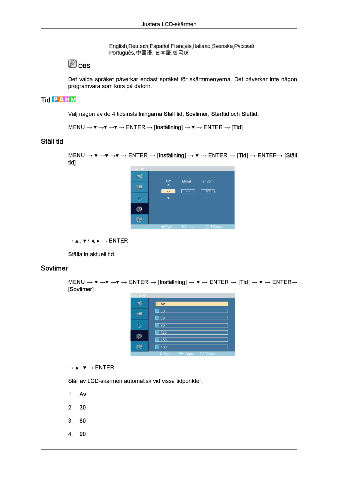 Samsung LH32TCTMBC/EN manual Tid, Ställ tid, Sovtimer 