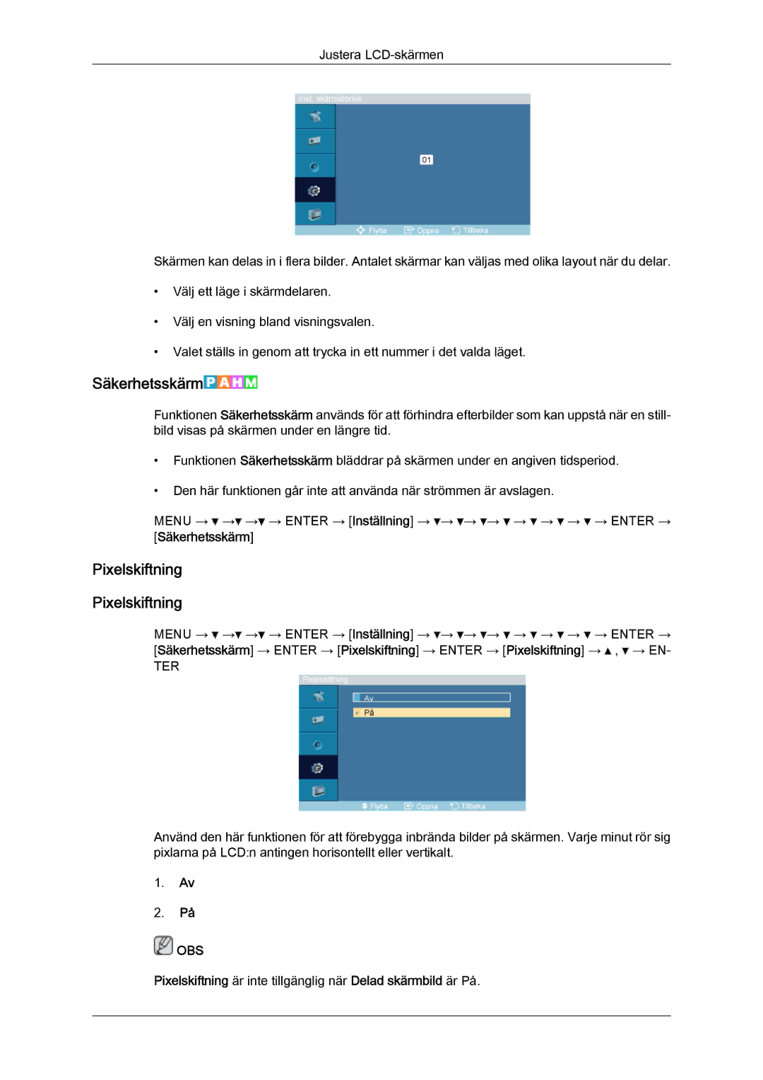 Samsung LH32TCTMBC/EN manual Säkerhetsskärm, Pixelskiftning 