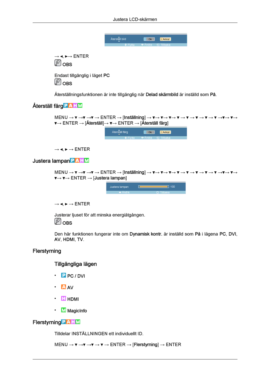 Samsung LH32TCTMBC/EN manual Återställ färg, Justera lampan, Flerstyrning Tillgängliga lägen 