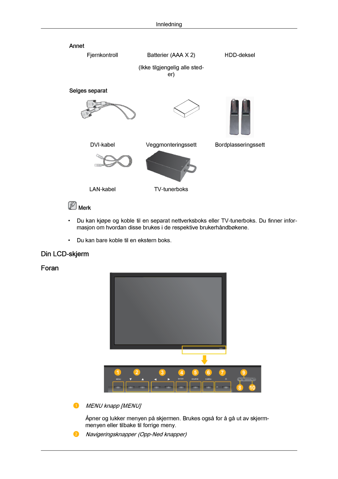 Samsung LH32TCTMBC/EN manual Din LCD-skjerm Foran, Selges separat 