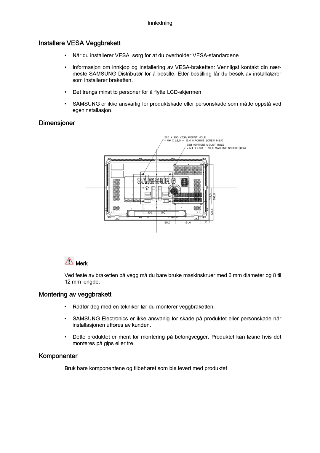 Samsung LH32TCTMBC/EN manual Installere Vesa Veggbrakett, Dimensjoner, Montering av veggbrakett, Komponenter 