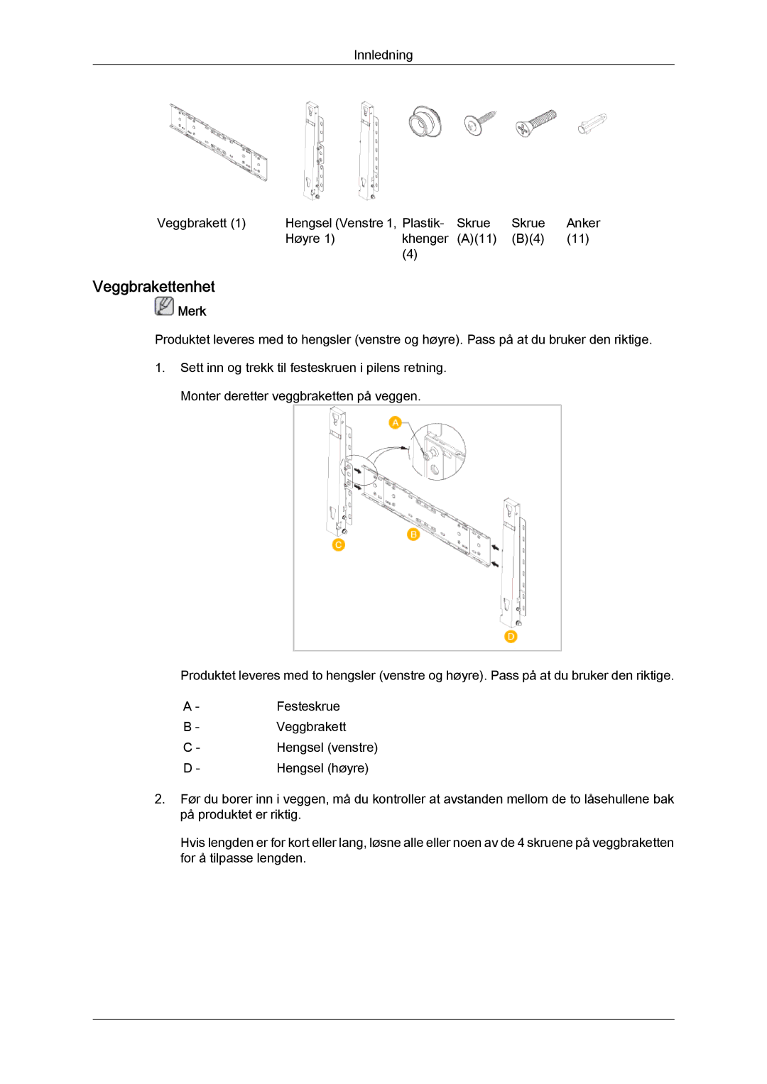 Samsung LH32TCTMBC/EN manual Veggbrakettenhet 