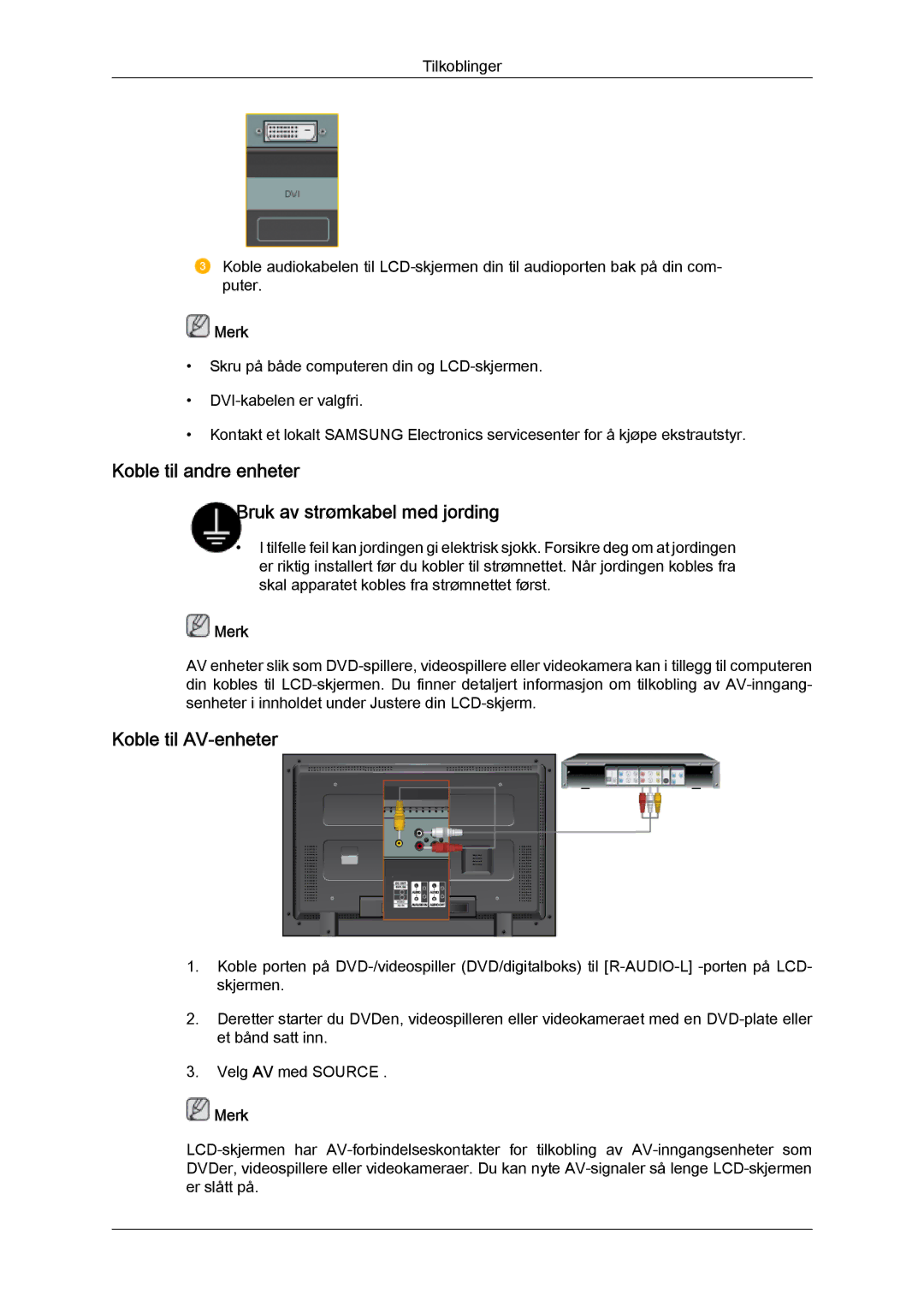 Samsung LH32TCTMBC/EN manual Koble til andre enheter Bruk av strømkabel med jording, Koble til AV-enheter 