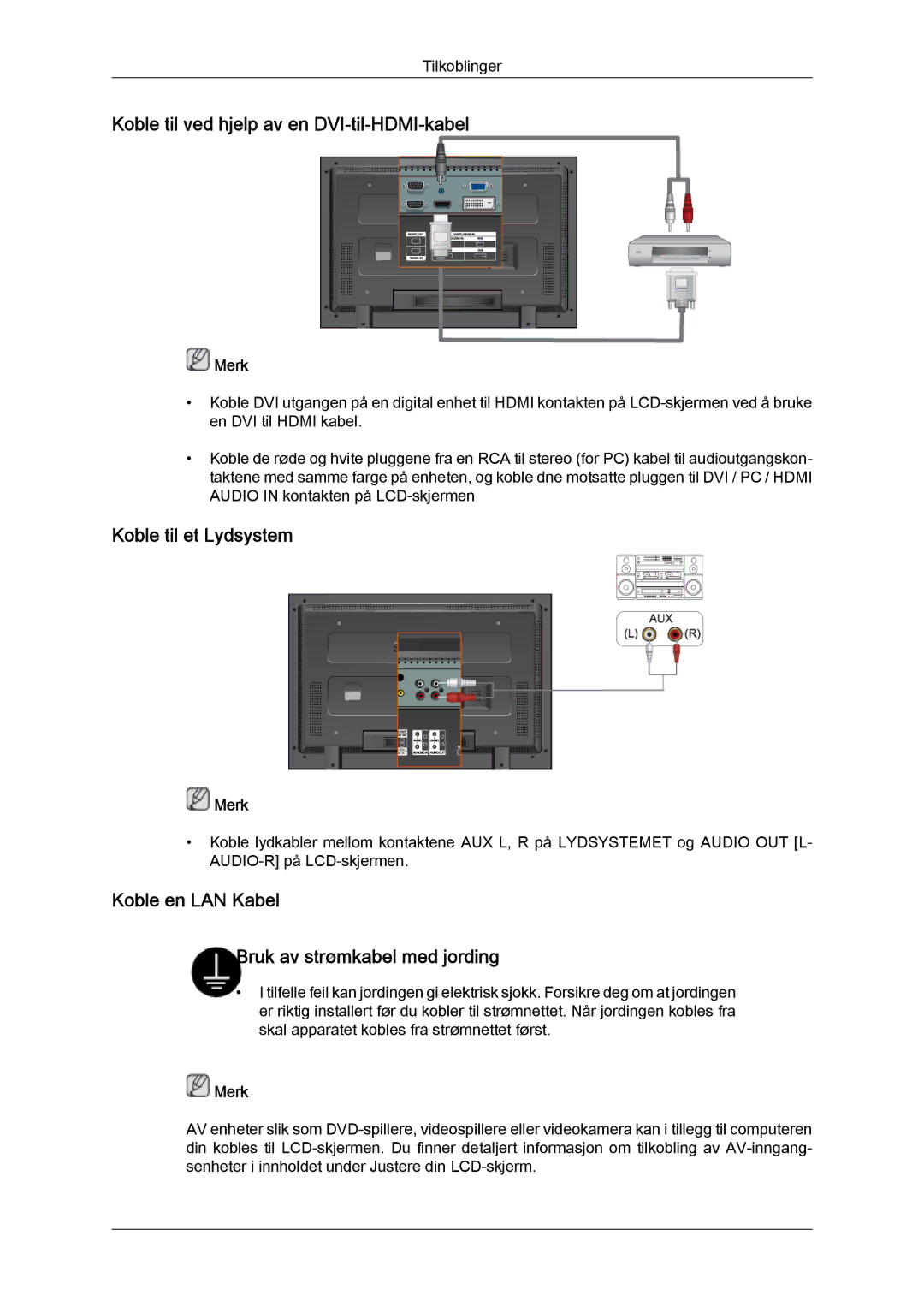 Samsung LH32TCTMBC/EN manual Koble til ved hjelp av en DVI-til-HDMI-kabel, Koble til et Lydsystem 