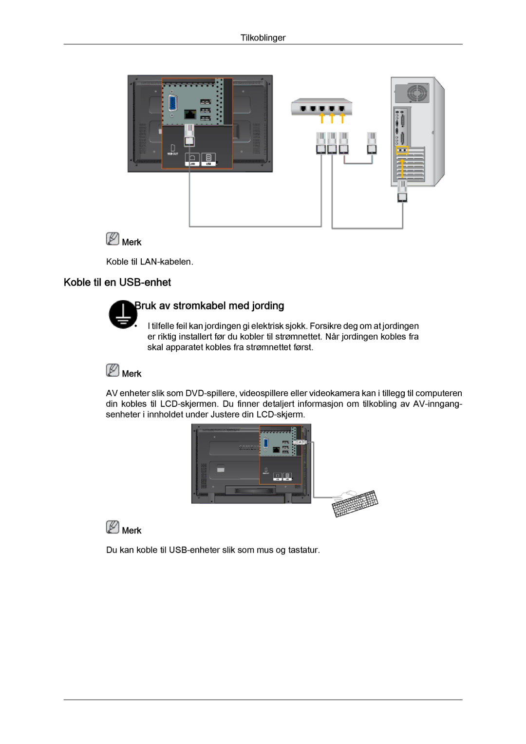 Samsung LH32TCTMBC/EN manual Koble til en USB-enhet Bruk av strømkabel med jording 