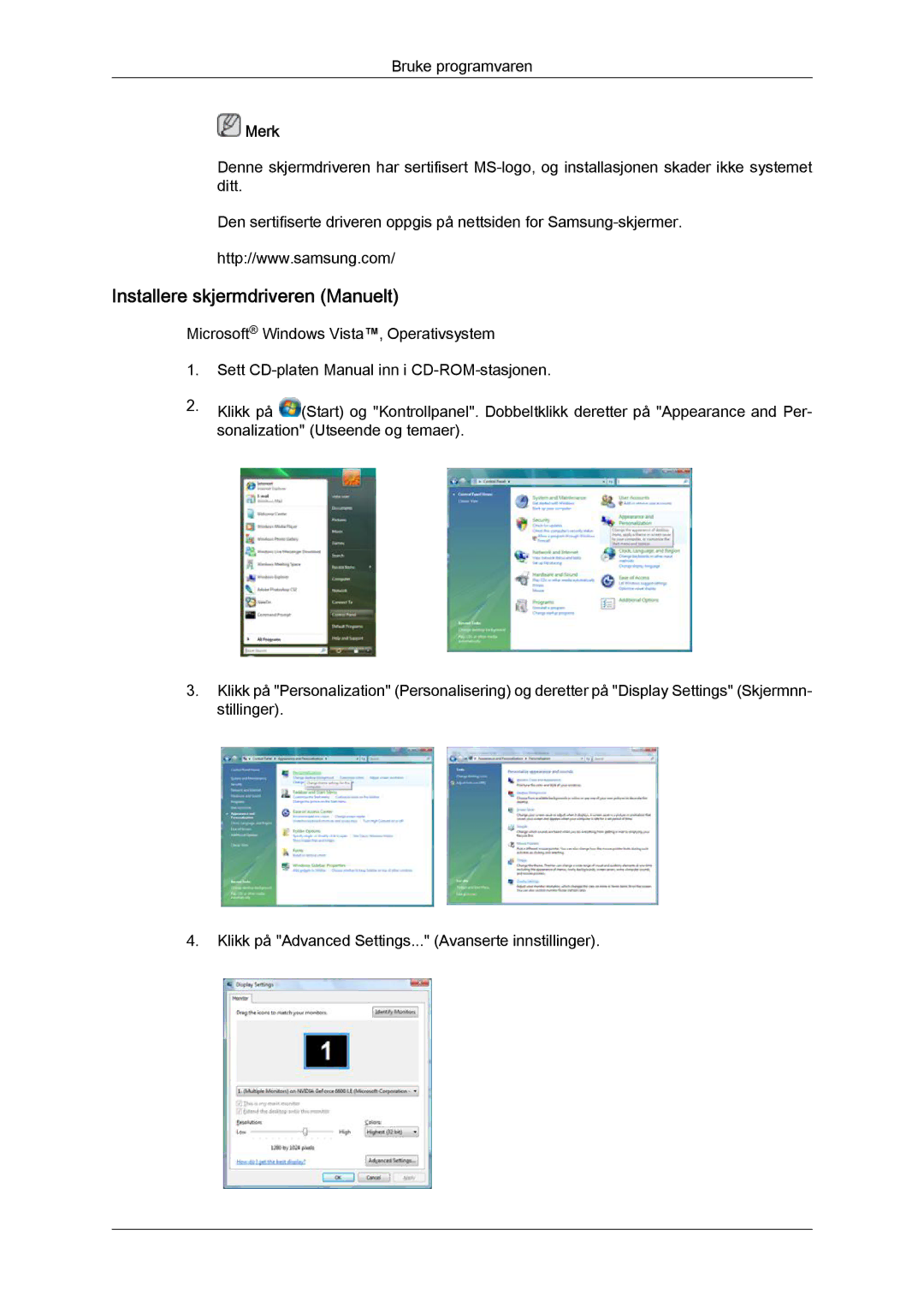 Samsung LH32TCTMBC/EN manual Installere skjermdriveren Manuelt 