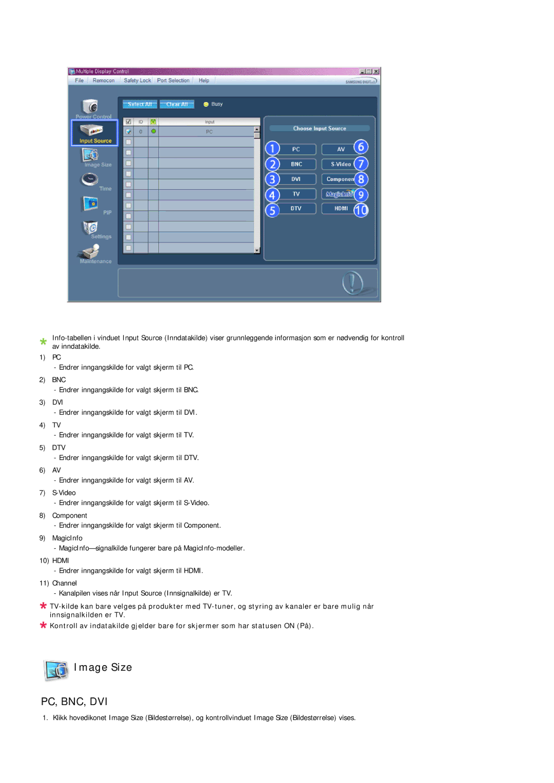 Samsung LH32TCTMBC/EN manual Image Size, Pc, Bnc, Dvi 