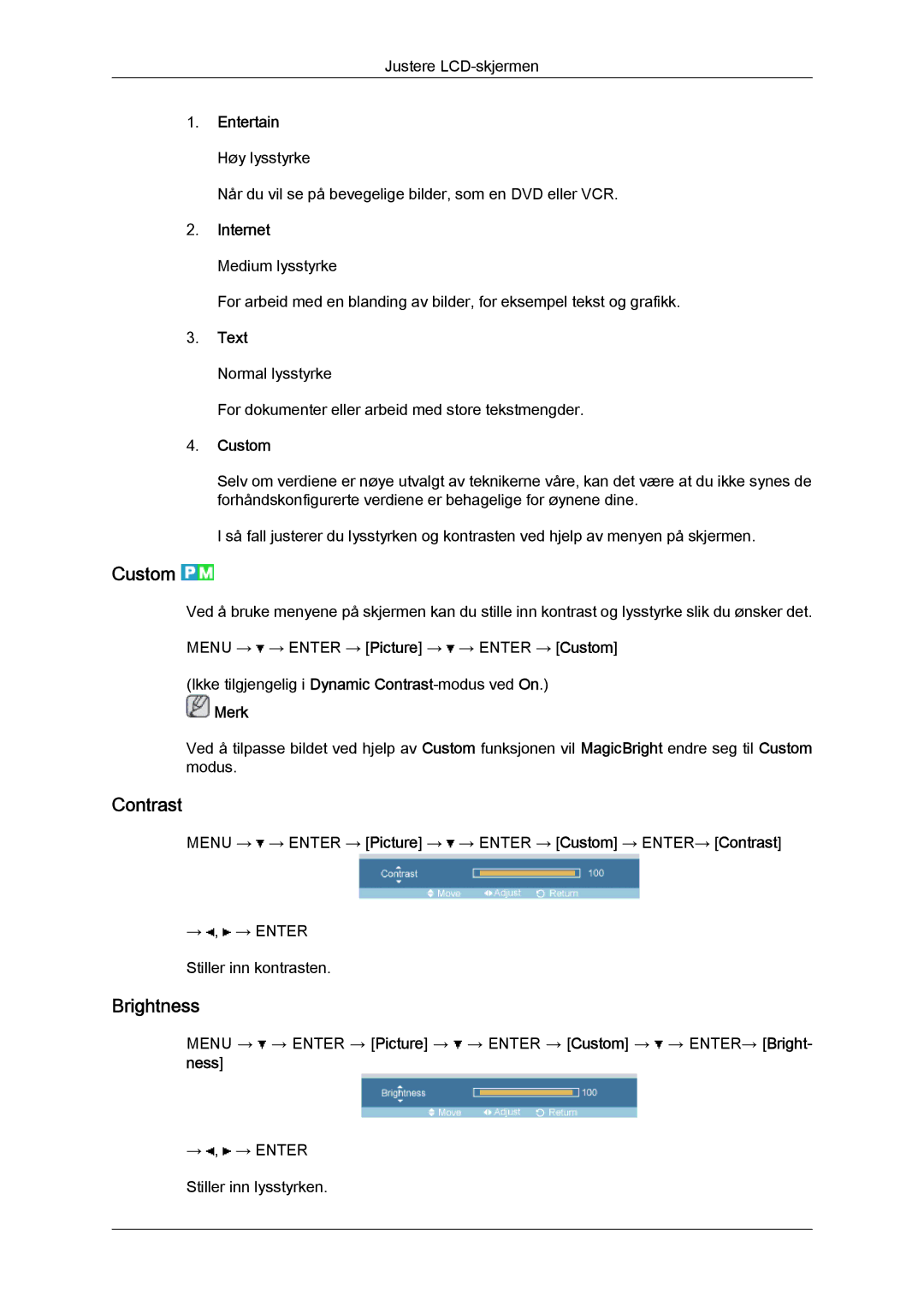 Samsung LH32TCTMBC/EN manual Custom, Contrast, Brightness 